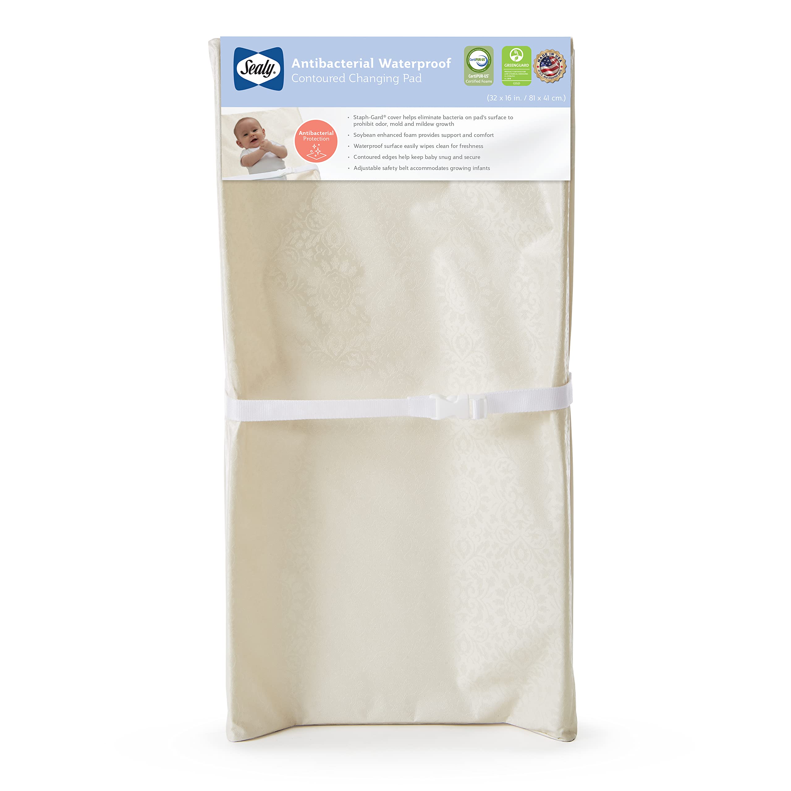 Sealy Baby Antibacterial Waterproof 2-Sided Contoured Diaper Changing Pad - Durable Easy-Clean Surface with Supportive Soybean Foam - Fits Dresser or Table (32