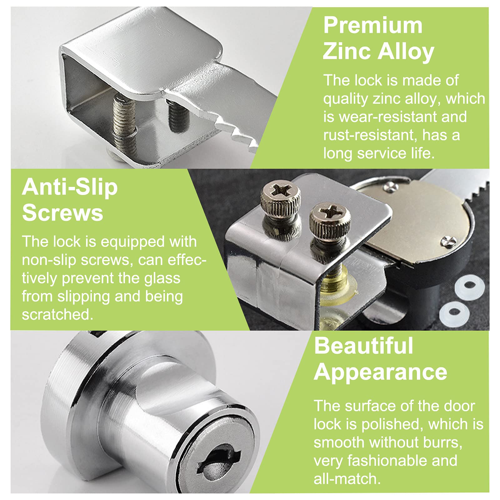 2Pcs Zinc Alloy No Drill Glass Door Lock - Security Sliding Door & Display Case Lock with Keys for 5-10mm Thick Glass - Perfect for Retail Displays, Jewelry Cases & Cabinet Security