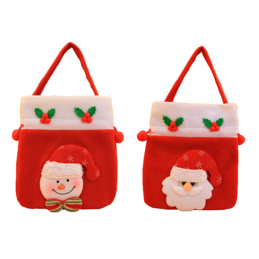 NUOBESTY 2 Pack Christmas Fabric Gift Bags with Plush Santa & Snowman Print - Holiday Candy Apple Party Favor Tote Bags (White & Red) - Perfect for Christmas Stocking Stuffers, Gift Exchanges & Holiday Decorations