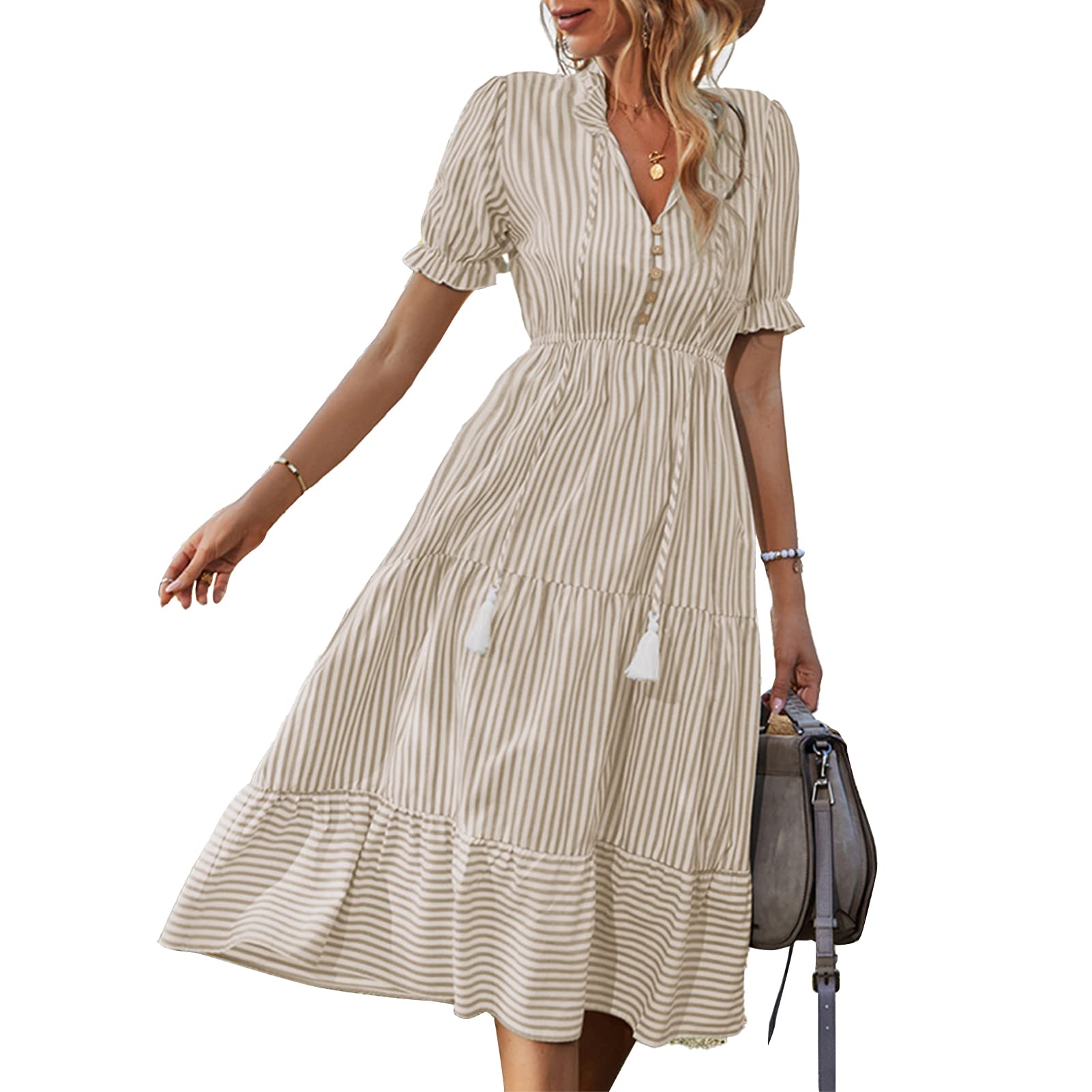 Women's Striped Long Summer Dress with V-Neck, Wooden Buttons, Ruffles & Tassel Details - Perfect for Beach Vacations, Date Nights and Casual Outings