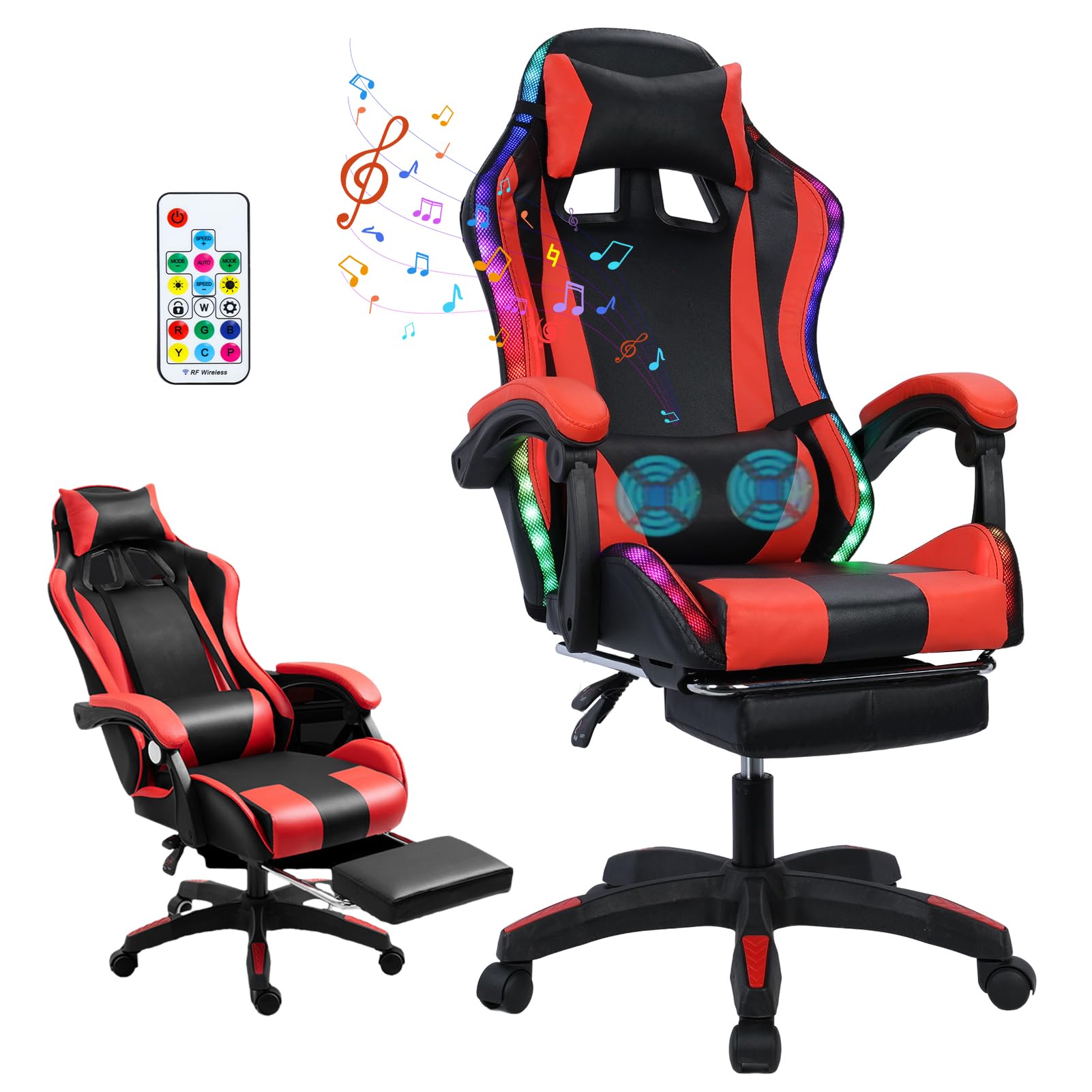 **Ergonomic Gaming Chair with Bluetooth Speakers, LED Lights & Massage - High Back Adjustable Recliner with Footrest & Lumbar Support for PC/Console Gamers - Perfect for Esports, Streaming & Home Office (Black Red)**