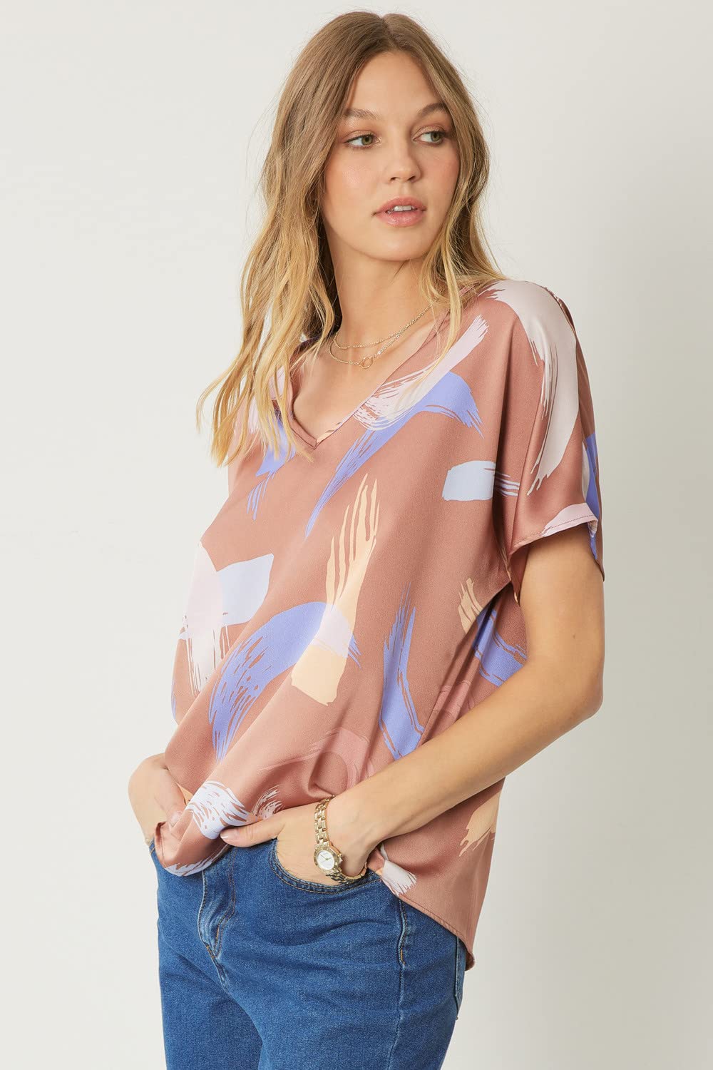 Entro Women's Abstract Print V-Neck Tunic Top - Brown | Flowy Casual Blouse for Work, Date Night & Everyday Wear