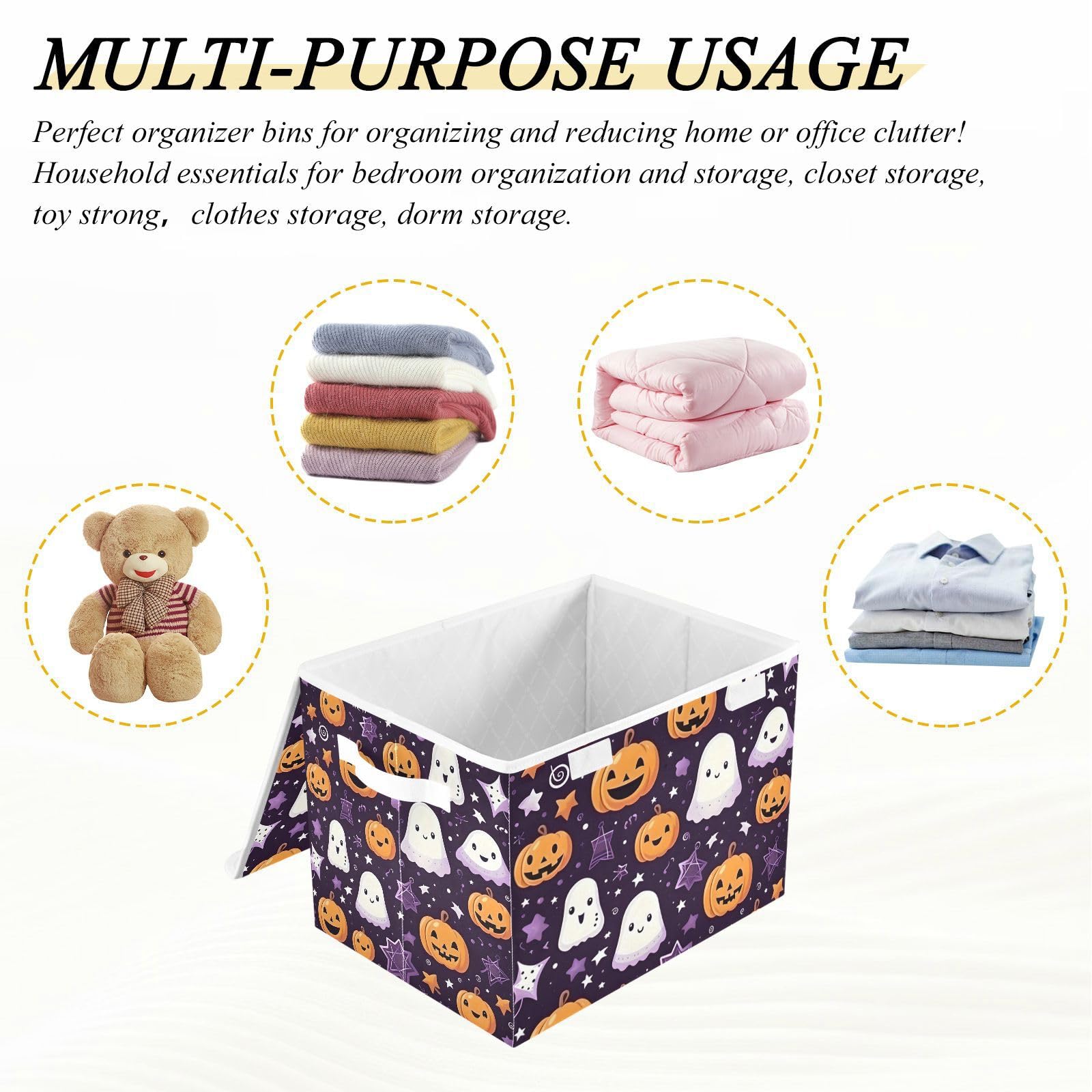 Senya Collapsible Halloween Storage Baskets with Lids - Ghost Pumpkin Purple Stars Design for Organizing Clothes, Toys & Home Decor | Perfect for Halloween Decor, Kids Room Organization & Seasonal Storage