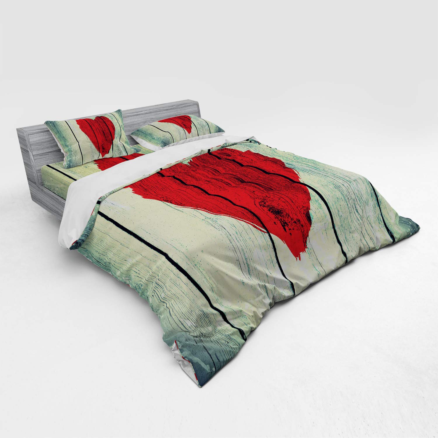 Ambesonne Love Duvet Cover Set - Heart Painted Rustic Wooden Wall Romance Print, 4-Piece Bedding Set with Shams & Fitted Sheet, King Size, Red & Pale Green - Perfect for Valentine's Day, Anniversary Gift & Romantic Bedroom Decor