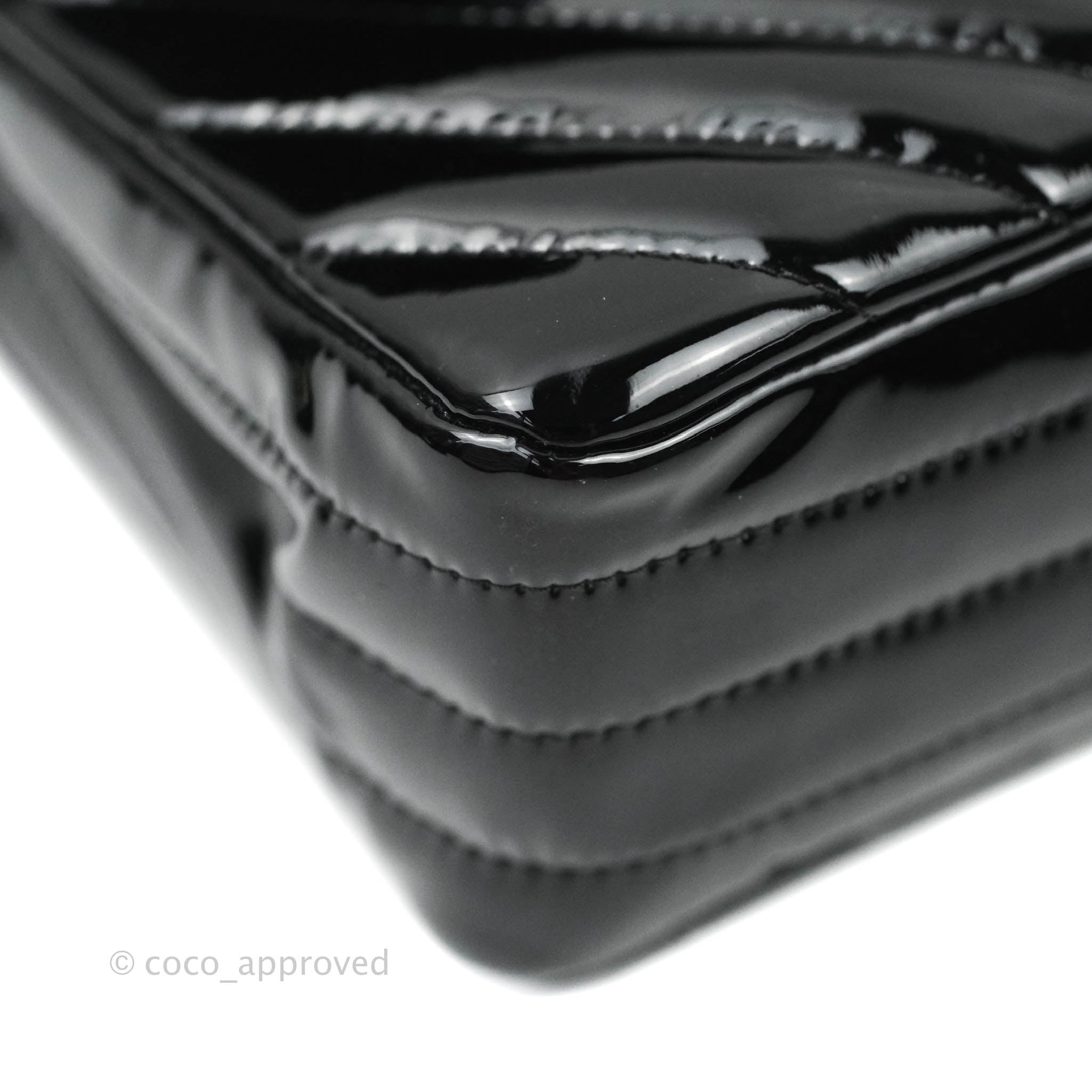 Chanel Classic Chevron M/L Medium Double Flap Bag - Black Patent Leather with Silver Hardware | Luxury Designer Handbag for Women, Perfect for Work, Evening Events & Special Occasions