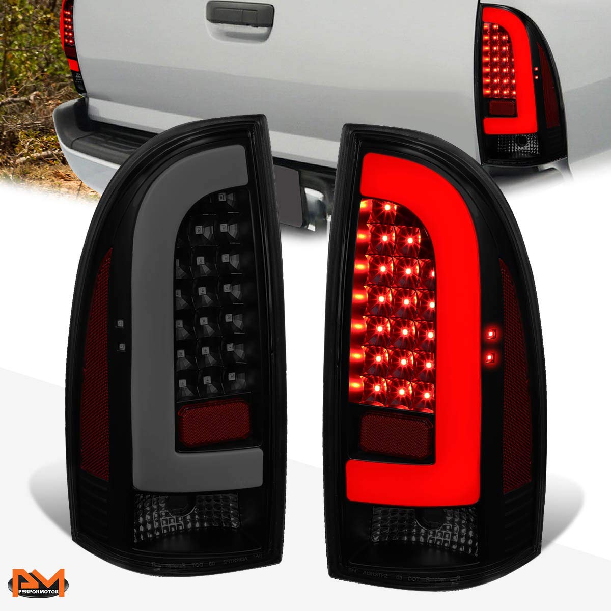 PM PERFORMOTOR 3D LED Tube Bar Tail Lights Brake Lamps Assembly - Compatible with Toyota Tacoma 2005-2015, Black Housing/Smoked Lens - Upgrade Your Truck's Style & Safety for Night Driving & Off-Road Adventures