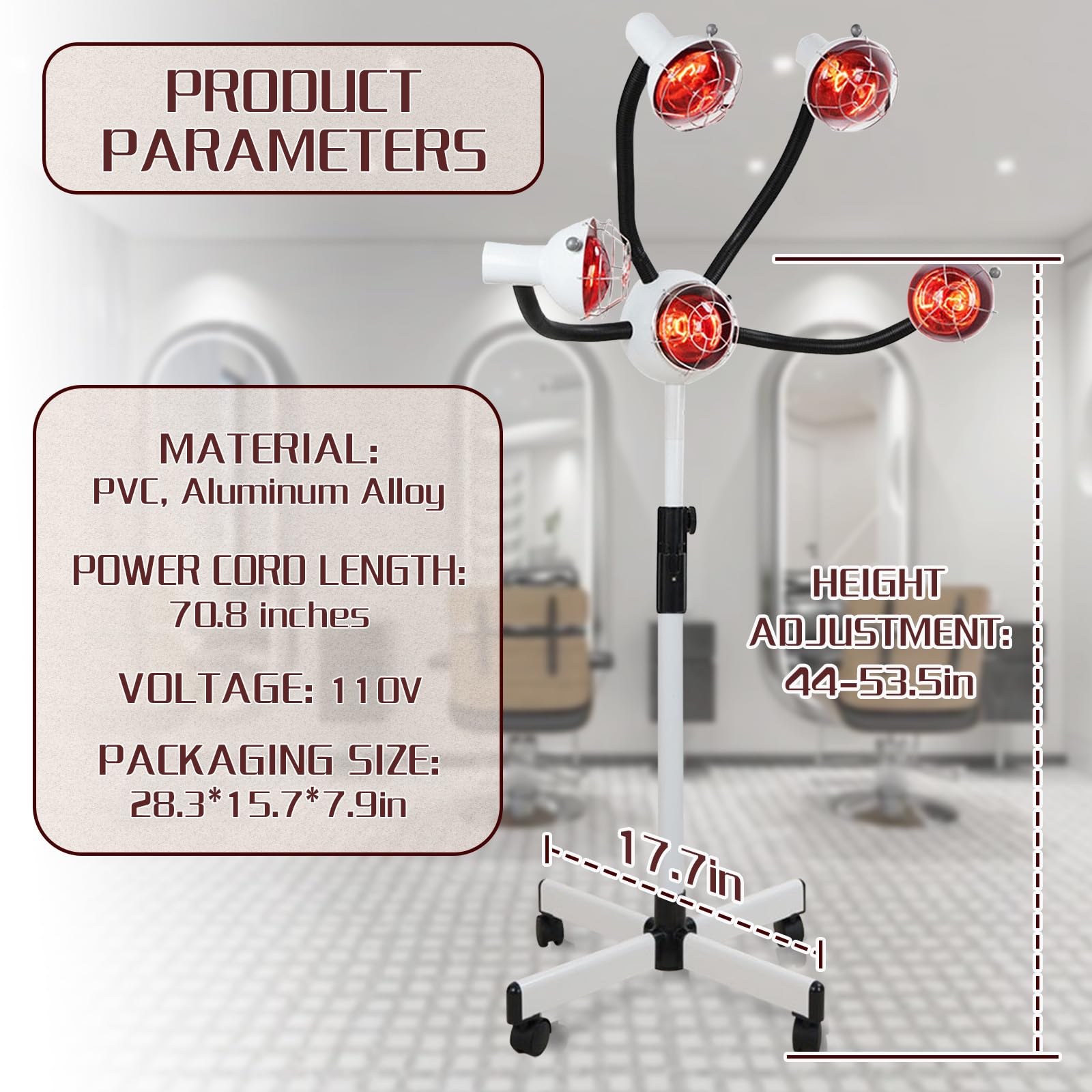 750W 5-Head Infrared Heat Lamp Hair Dryer Stand - Portable Floor Styling & Perming Accelerator with Red Light Therapy & Metal Lampshade, 110V (White) - Perfect for Salon, Home Hair Care & Professional Styling