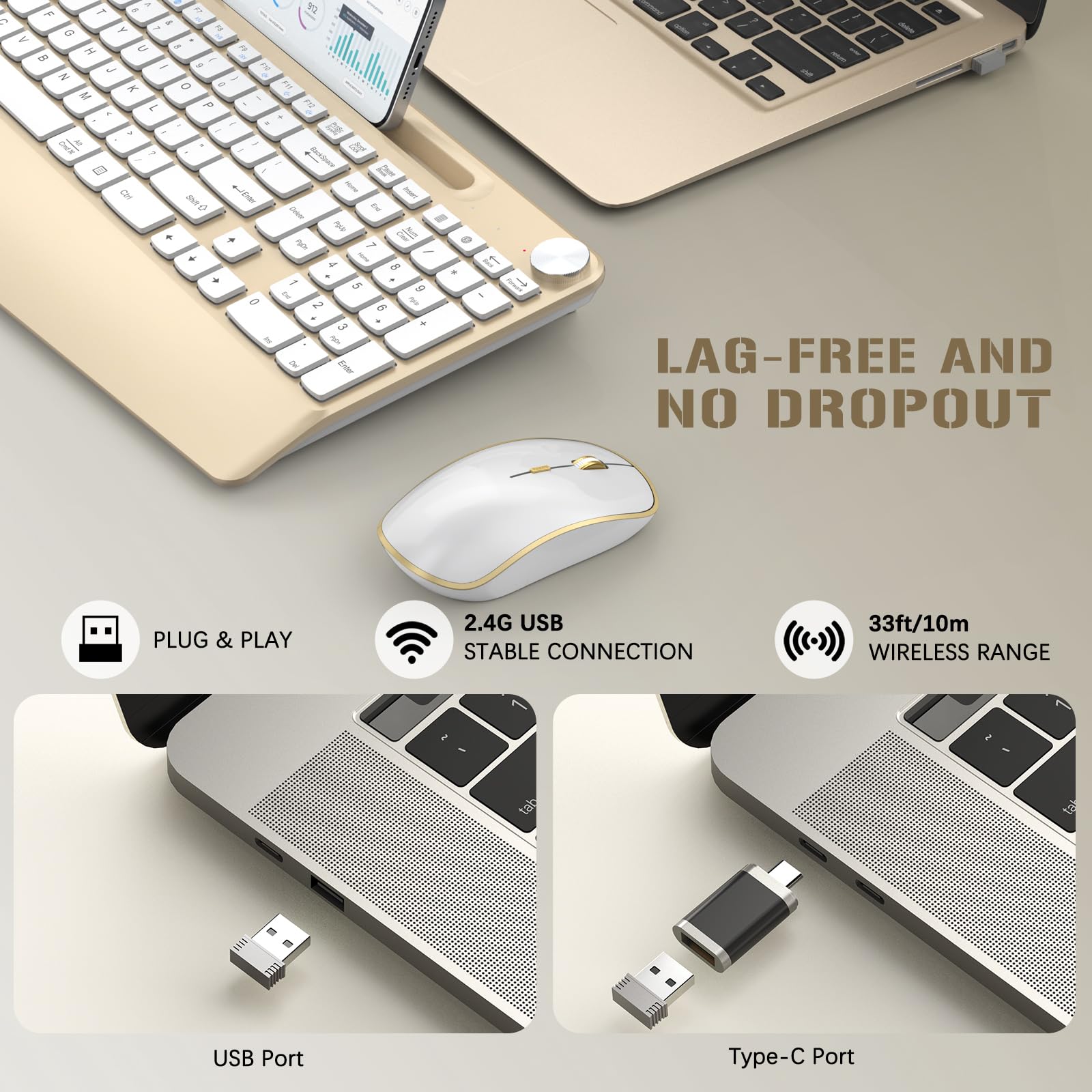 JOYACCESS Ergonomic Wireless Keyboard and Mouse Combo - Full-Sized Keyboard with Wrist Rest, Tablet Holder & Volume Control for PC, Laptop, Office & Home Use (Gold & White)