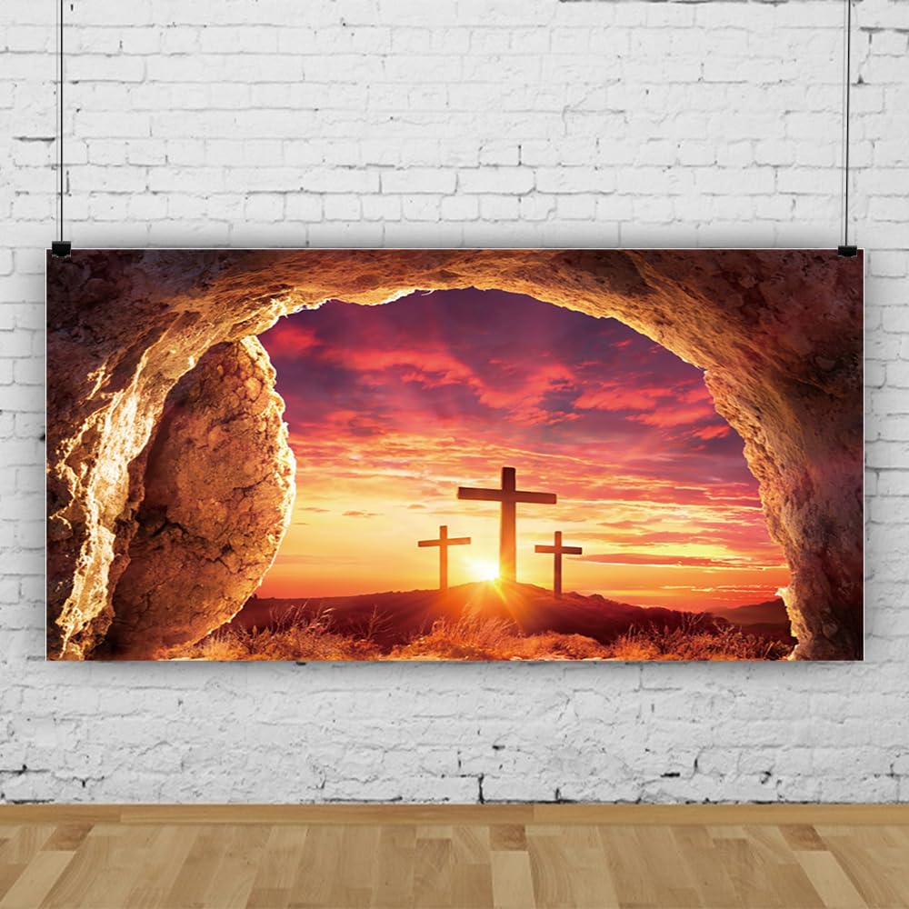 20x10ft Jesus Christ Empty Tomb Photography Backdrop - Three Crosses on Mountain with Holy Light Sunset Banner for Easter Church Decor, Christian Events, and Photography Props | Perfect for Easter Celebrations, Church Events, and Religious Photography