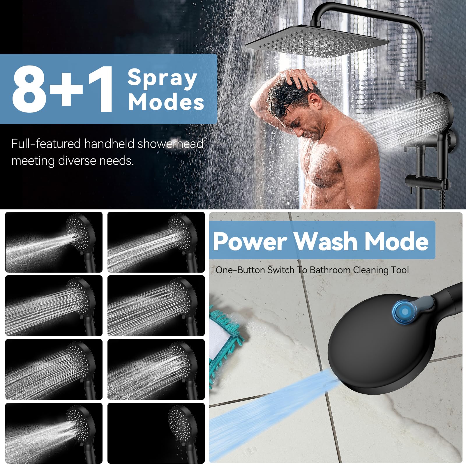 10 Inch All Metal Rainfall Shower Head with Handheld Combo - High Pressure 9 Mode Shower System, Adjustable Extension Arm & Slide Bar in Matte Black - Perfect for Spa-Like Bathroom Experience & Modern Home Upgrade