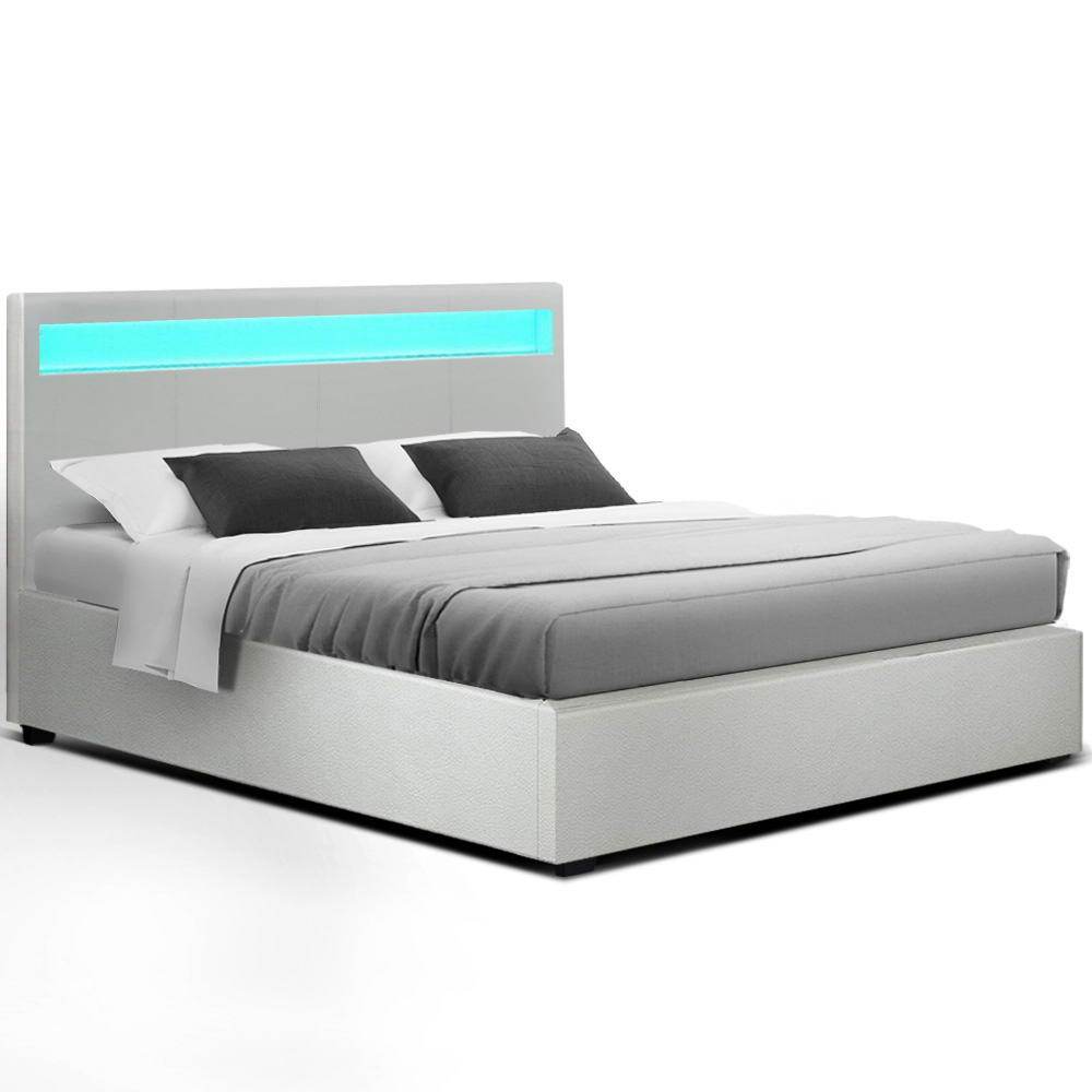 Wanda LED Bed Frame with Normay Series Pillow Top Mattress - Medium Firm Queen Size, White & Gray Double Package | Perfect for Modern Bedrooms, Guest Rooms & Airbnb Rentals