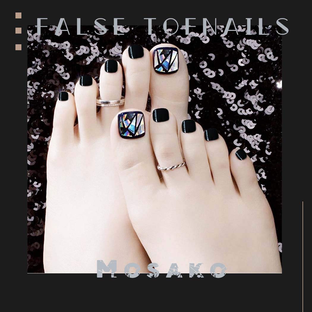Mosako Glossy Mirror False Toenails - Black & Silver Fake Nails for Women, Full Cover Nail Tips (24Pcs) | Perfect for Pedicures, Parties, and Special Occasions