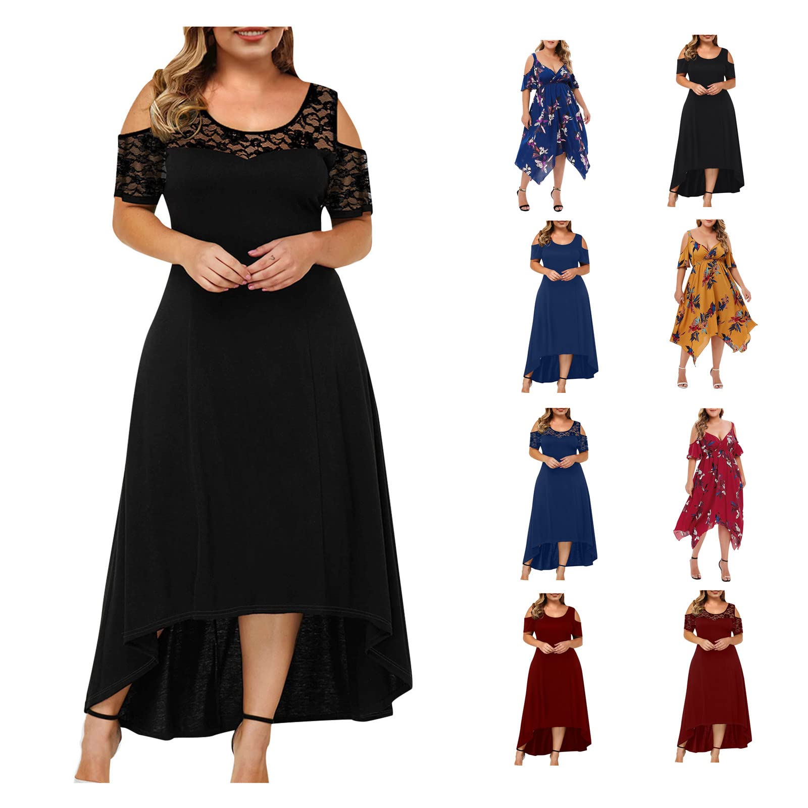 Qliuoazw Plus Size Summer Dresses for Women - Sexy Cold Shoulder V-Neck Floral Print Maxi Dress for Wedding Guest, Beach Vacation & Special Occasions