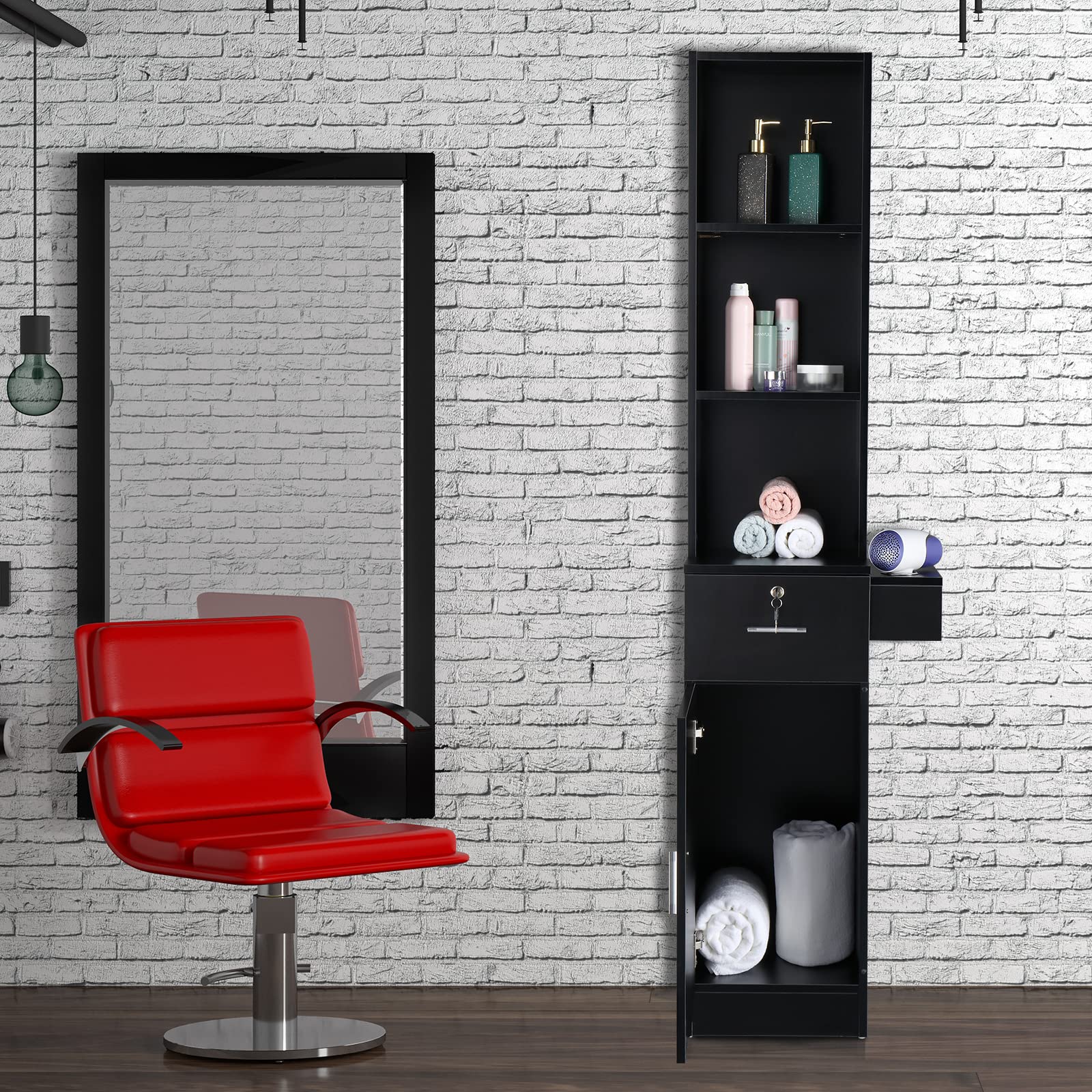 OmySalon Professional Hair Styling Station - 3-Tier Storage Shelf, Large Cabinet & Hair Dryer Holders - Black | Barber Salon Equipment for Stylists & Hairdressers | Perfect for Salon, Home & Mobile Hair Services