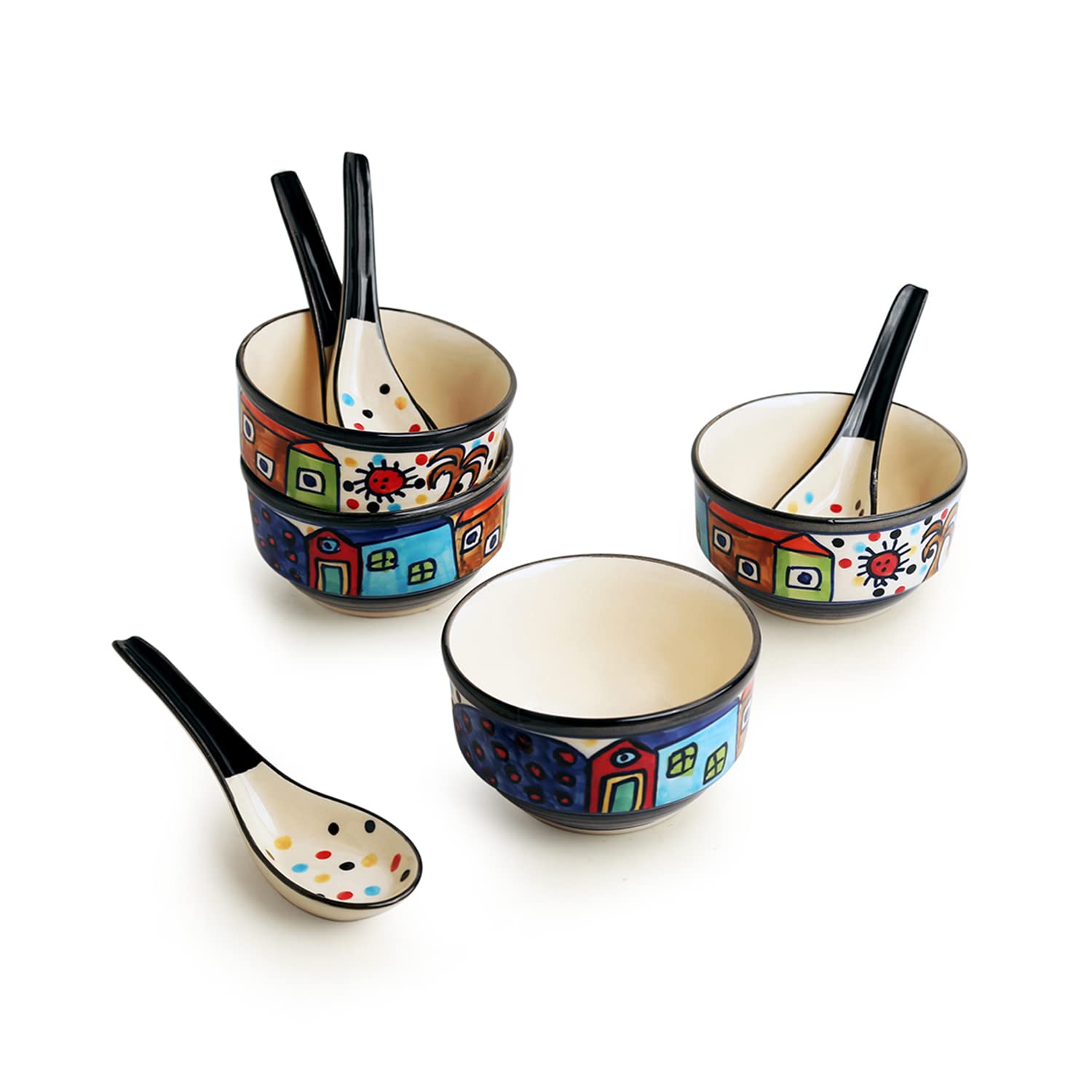 ExclusiveLane 'Soupy Huts' Handpainted Ceramic Soup Bowl with Spoon Set of 4 (260ml, Dishwasher & Microwave Safe) | Elegant Soup Bowls for Family Dining, Restaurant Use & Gift Giving