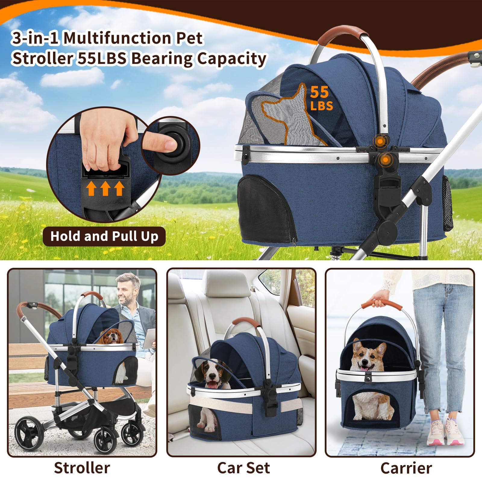 Premium 3-in-1 Folding Lightweight Pet Stroller with Detachable Carrier & Storage Basket - 4-Wheel Travel Stroller for Dogs, Puppies & Cats (Dark Blue) - Perfect for Vet Visits, Outdoor Walks & Shopping Trips