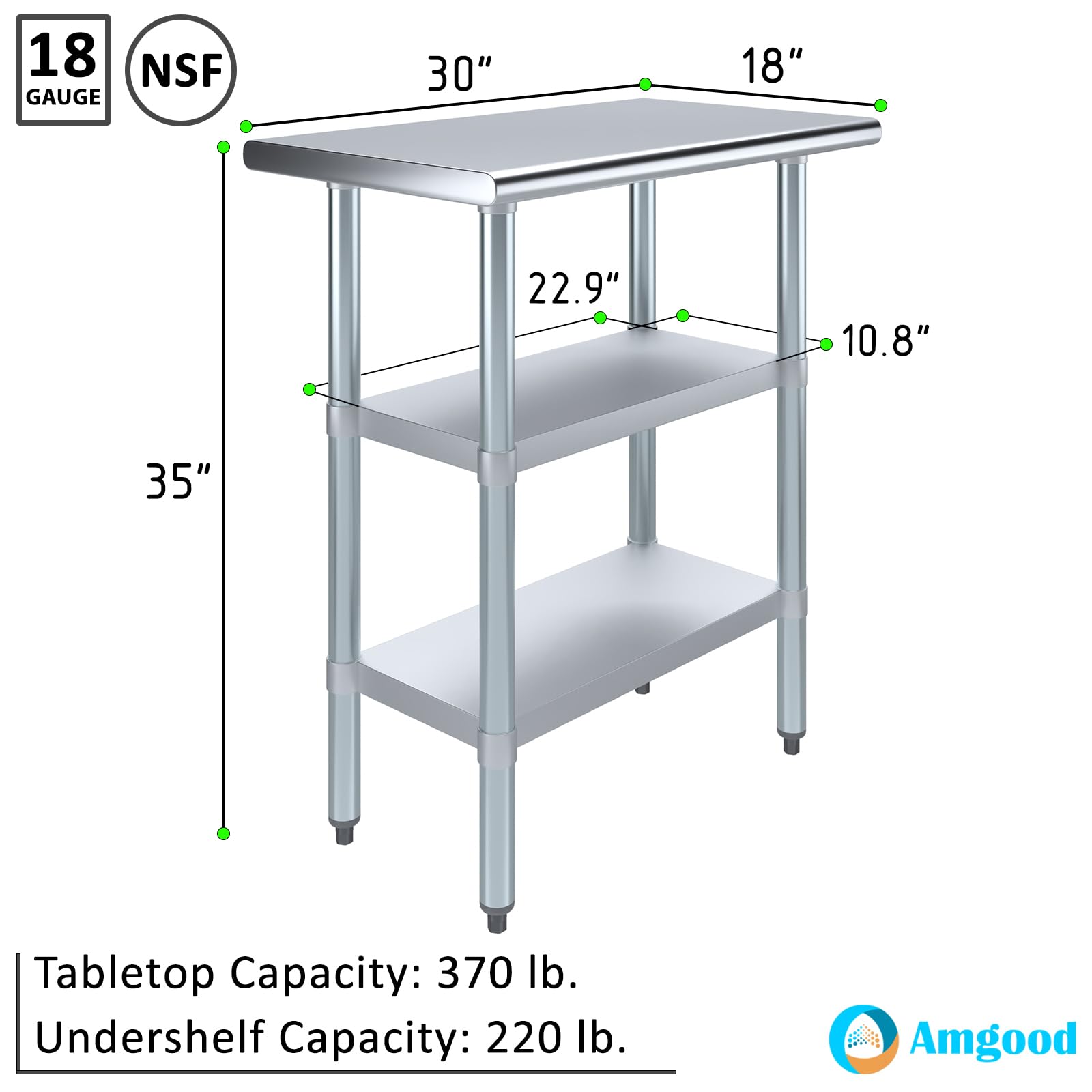 Stainless Steel Work Table with 2 Shelves - Heavy Duty Metal Utility Table for Commercial Kitchen & Home Use | NSF Certified 30