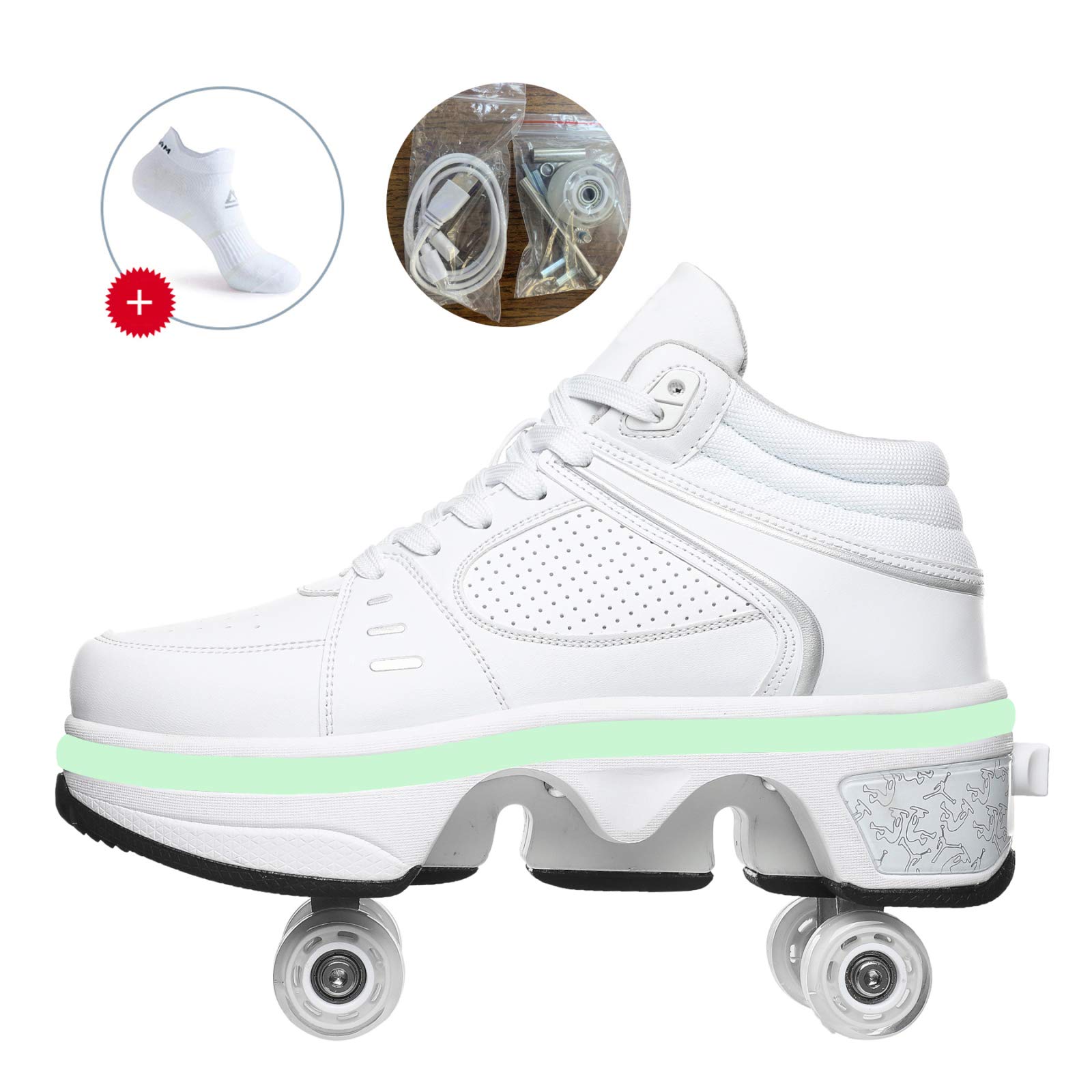YXHUI LED Roller Shoes for Men & Women - Pop Out Wheel Inline Skates with Automatic Walking & Invisible Pulley Design - Silver EU38/UK4.5 - Perfect for Commuting, Fitness & Outdoor Fun
