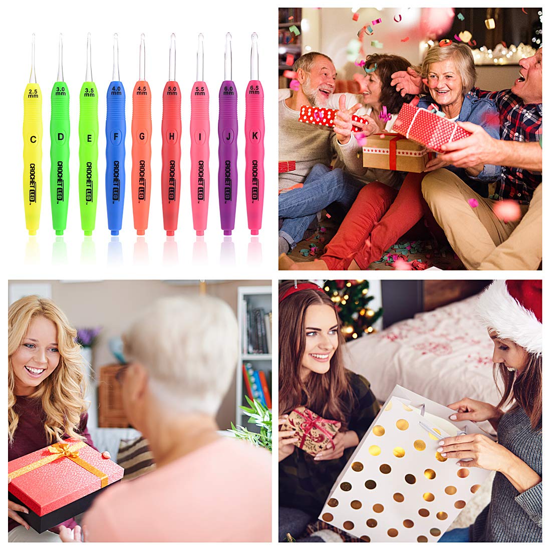 LED Light Up Crochet Hooks Set - 9 Ergonomic Illuminated Crochet Needles (2.5mm-6.5mm) with Color Coded Handles & Storage Organizer - Perfect for Arthritis, Low Light Crocheting & Nighttime Craft Projects