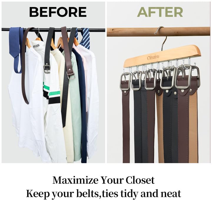 Ohuhu 360 Degree Rotating Wooden Belt Hanger Organizer - 16 Hooks Holds Up to 48 Belts, Ties & Scarfs | Space Saving Closet Storage Solution for Men & Women | Perfect for Bedroom, Walk-in Closet & Dorm Organization (Burlywood)