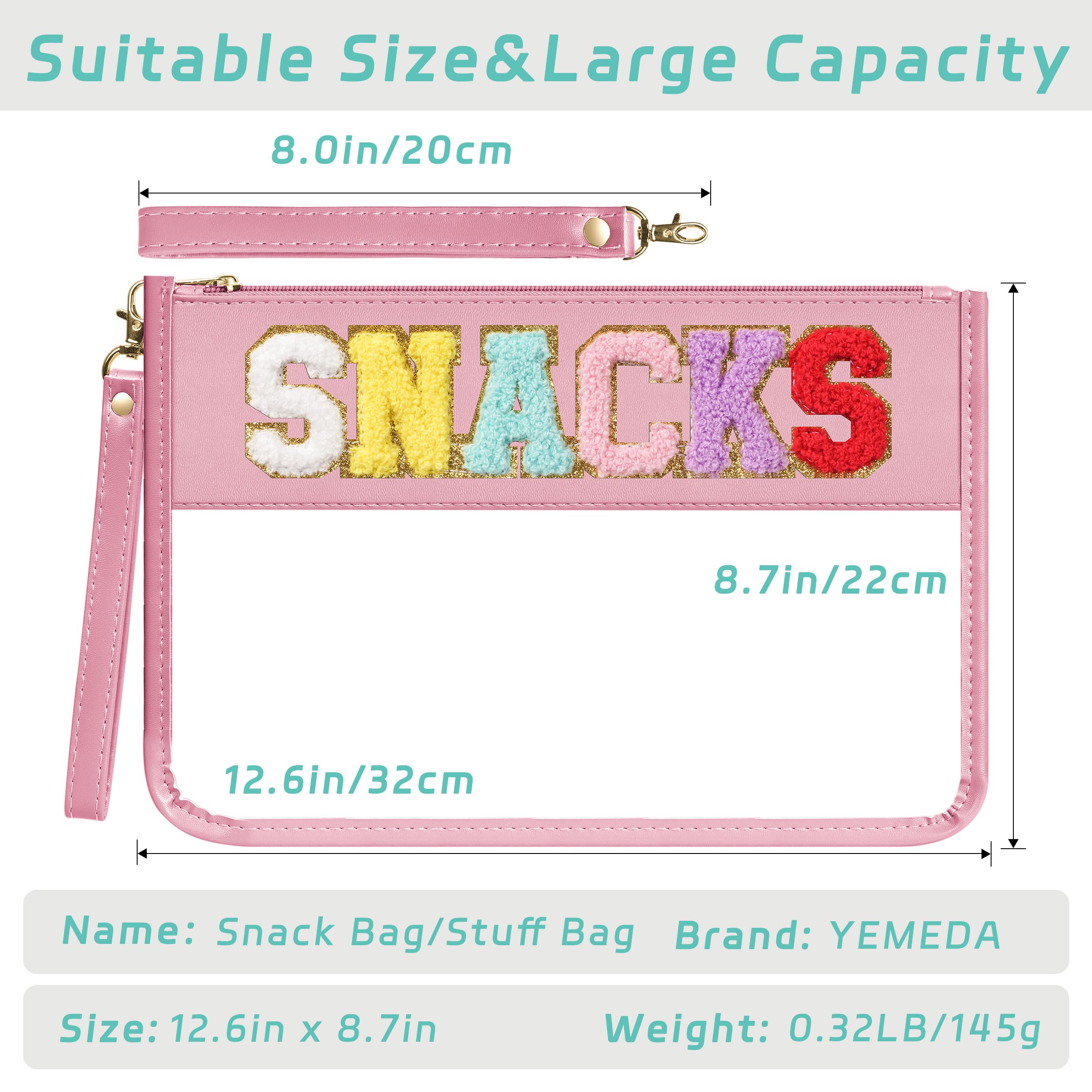 Chenille Letter Clear Zipper Pouch for Travel - Waterproof PVC Cosmetic & Snack Storage Bag for Women & Girls | Makeup Organizer, Toiletry Case, School Supplies Holder (Pink-Snacks) - Perfect for Travel, Gym, Beach & Daily Use