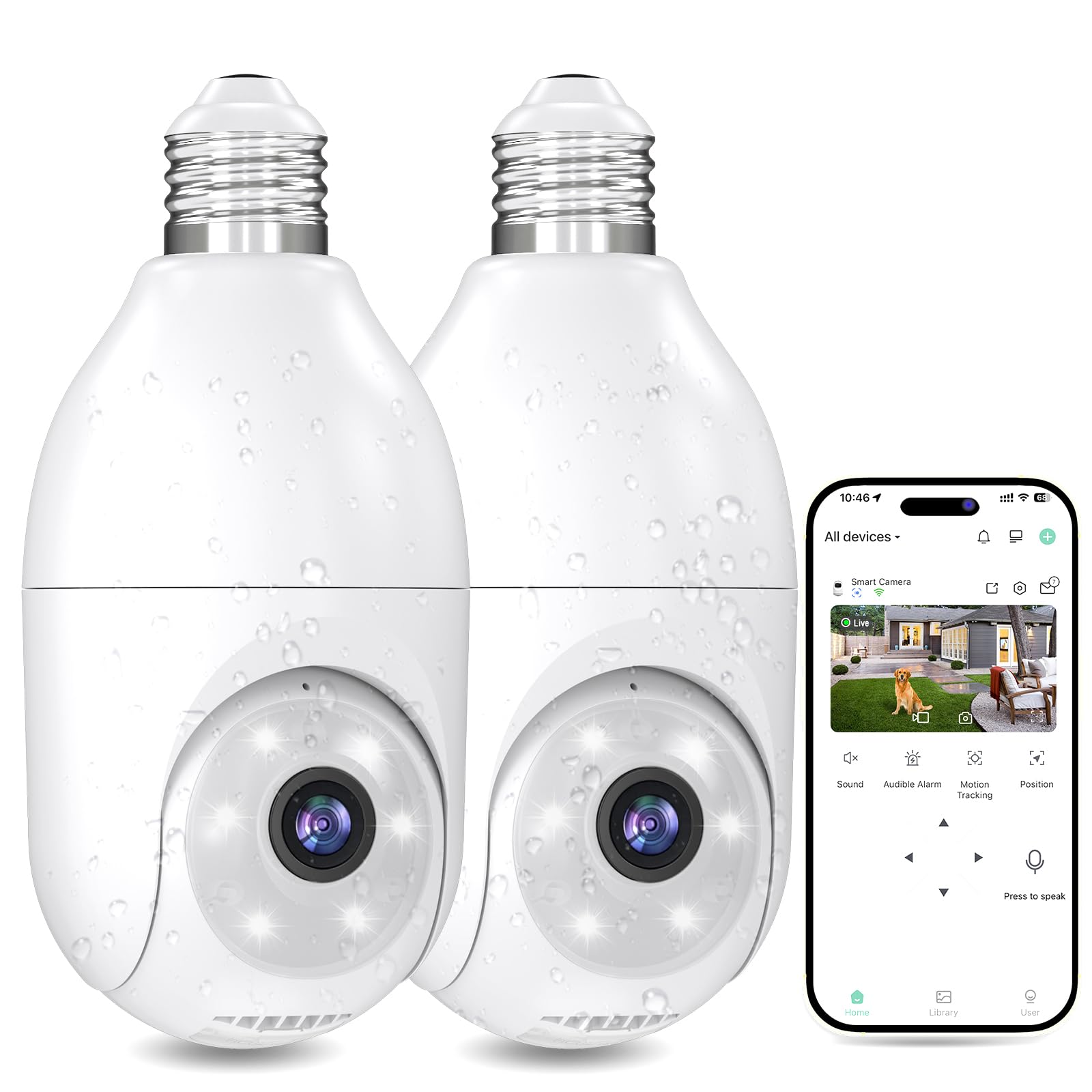 2K Wireless Light Bulb Security Camera - 360° PTZ, Motion Detection, Two-Way Audio, IP65 Waterproof, E27 Socket for Indoor/Outdoor Home Security - Perfect for Porch, Garage & Backyard Monitoring