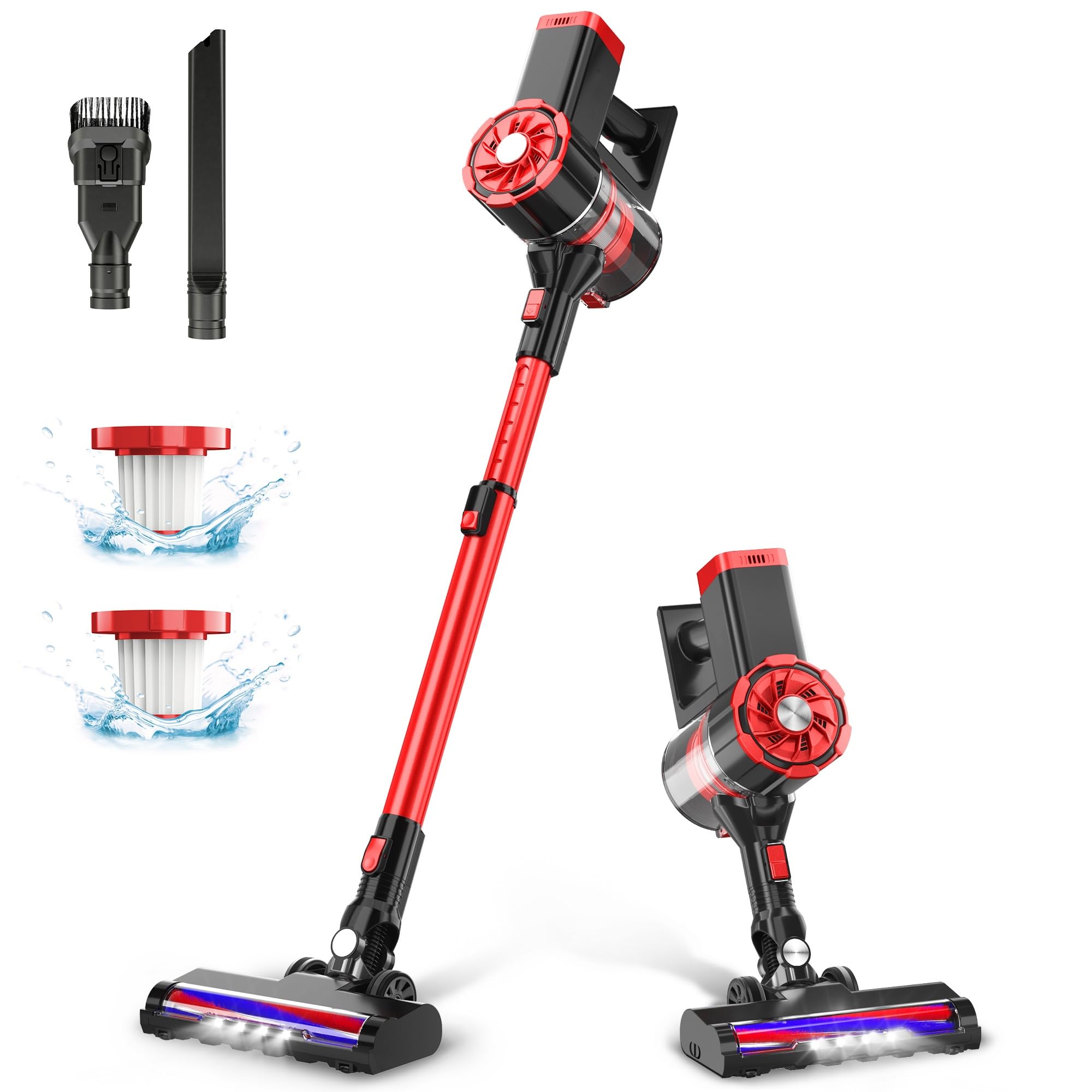 W100 Cordless Vacuum Cleaner - Powerful 6-in-1 Stick Vacuum with 35min Runtime, Detachable Battery & Quiet Operation - Lightweight for Hardwood Floors, Carpets & Pet Hair (Red) - Perfect for Home Cleaning, Quick Pickups & Pet Owners