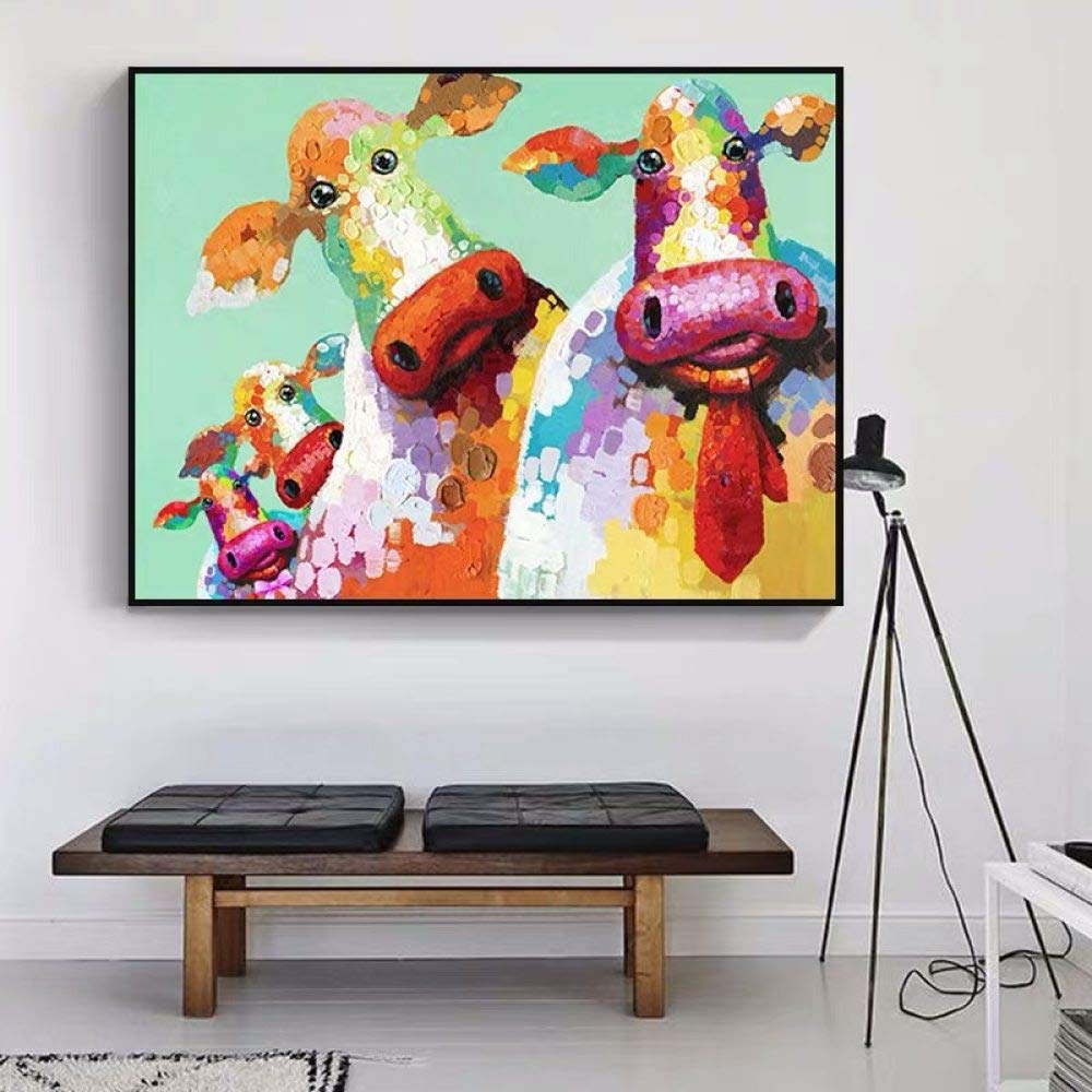 Hand Painted Abstract Oil Painting on Canvas - Colorful Cows Animal Wall Art, Vintage HD Poster for Living Room, Study, Corridor Decor - 48x60 Inch Unframed - Perfect for Modern Home & Office Interior Design