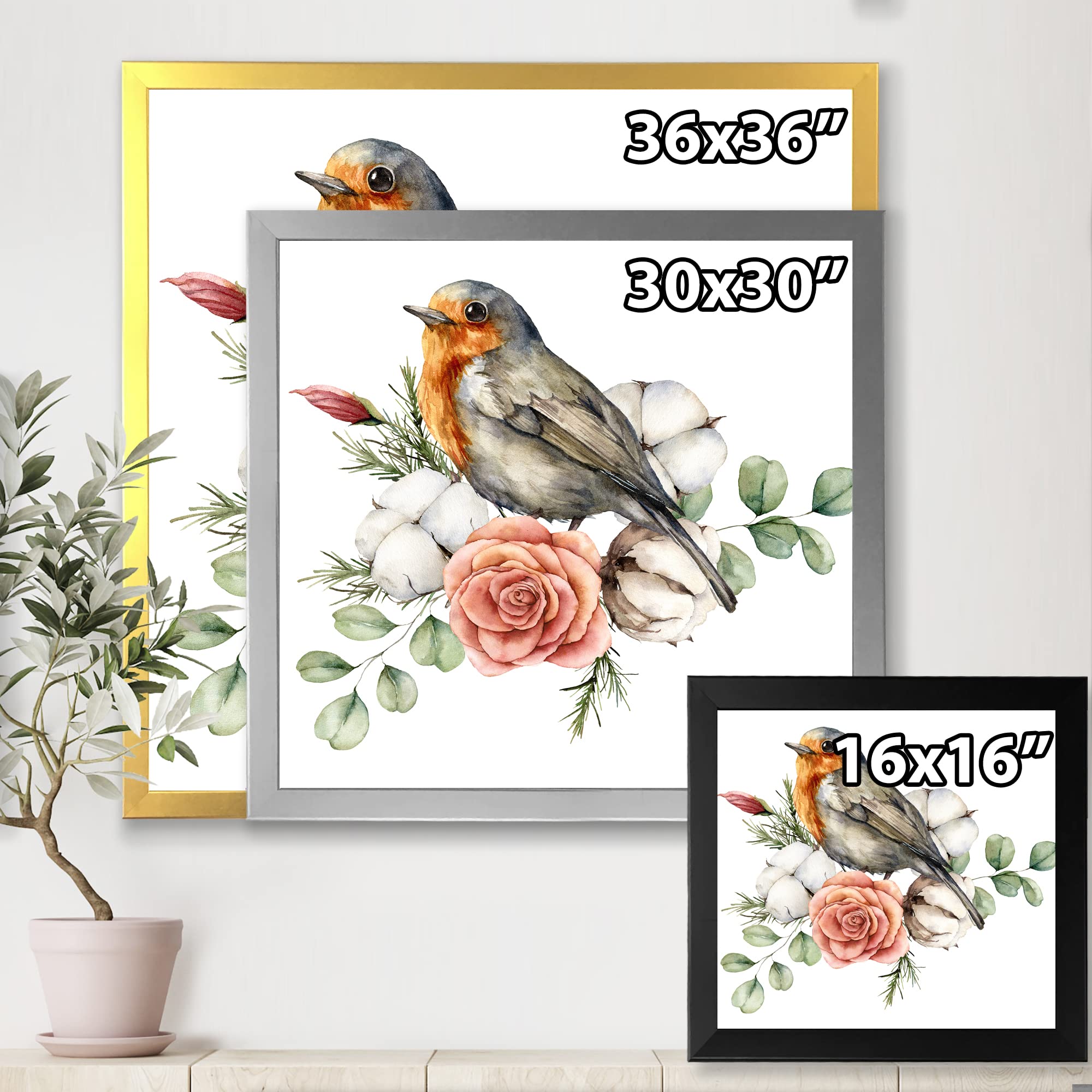 Robin Redbreast with Cotton Rose and Leaves - Traditional Framed Wall Art for Living Room, Bedroom & Office Decor