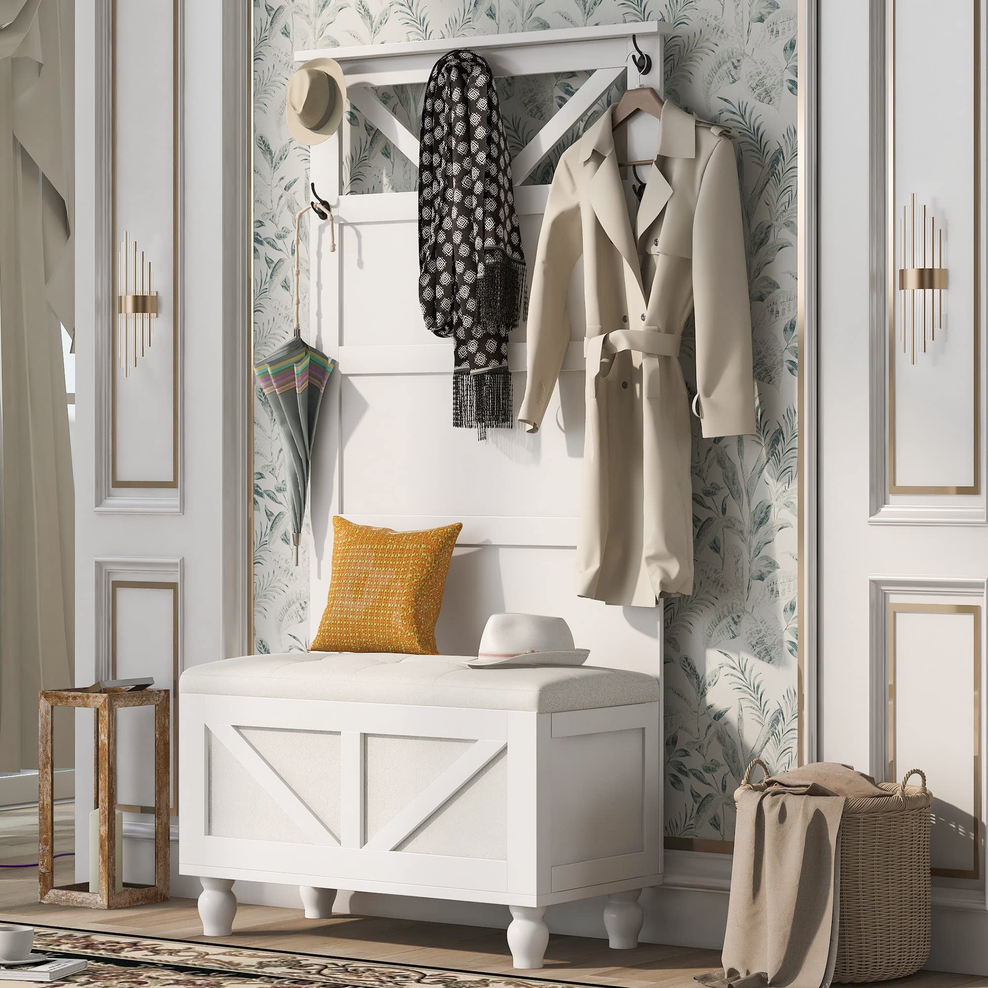 3-in-1 Hall Tree with 5 Hooks, Modern Entryway Storage Bench & Coat Rack - White | Space-Saving Organizer for Shoes, Hats & Bags | Perfect for Mudroom, Foyer & Small Apartment Entryways