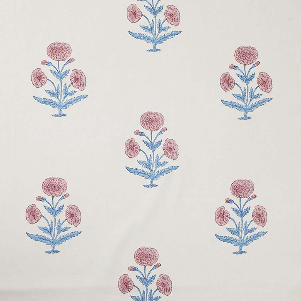 Poppy Block Printed Linen Fabric - Rose & Sky Blue - Perfect for Boho Home Decor, DIY Crafts & Fashion Sewing Projects