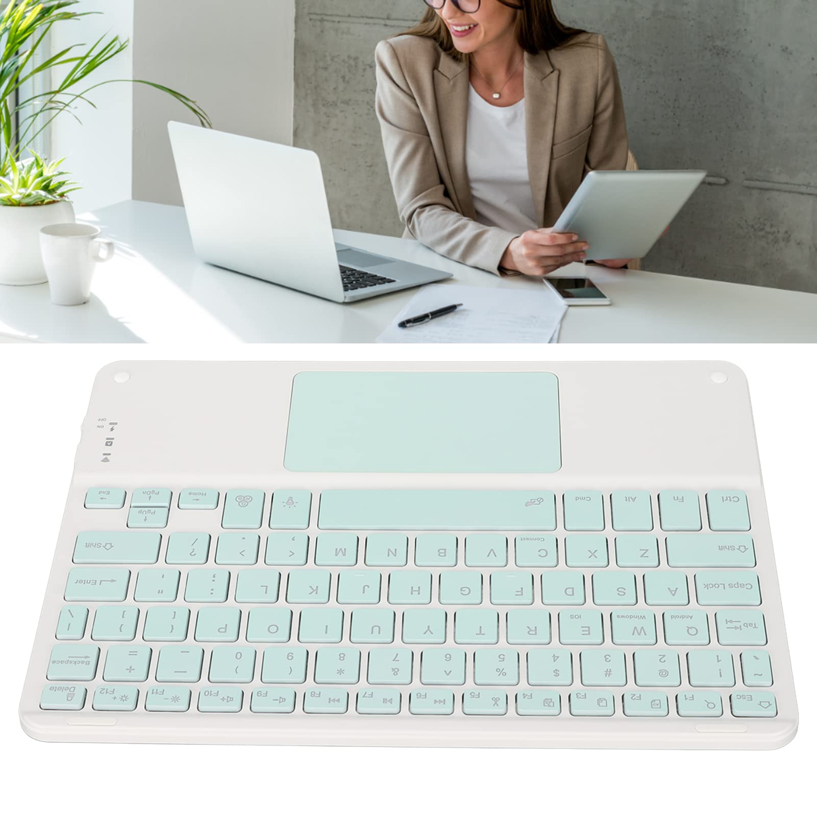 10 Inch Ultra Silent Portable Bluetooth Keyboard with Touchpad - Mini Ergonomic Keyboard for Laptop, Tablet, Smartphone, Computer (Cyan) - Perfect for Home, Office, and Travel Use