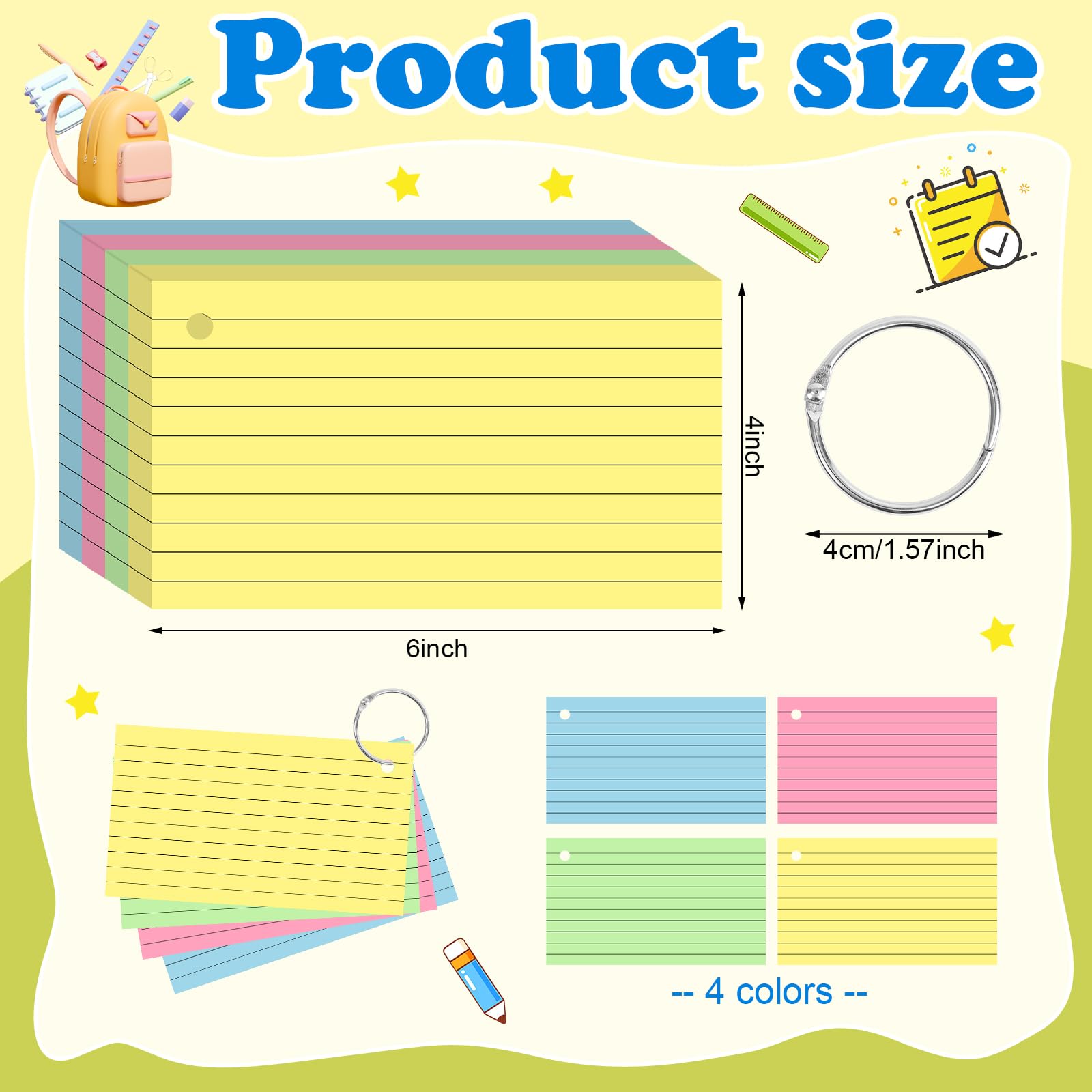 4x6 Inch Colored Index Cards with Ring - 200 Count Lined Flashcards for Studying, School Supplies & Note Taking | Perfect for Students, Teachers & Office Organization