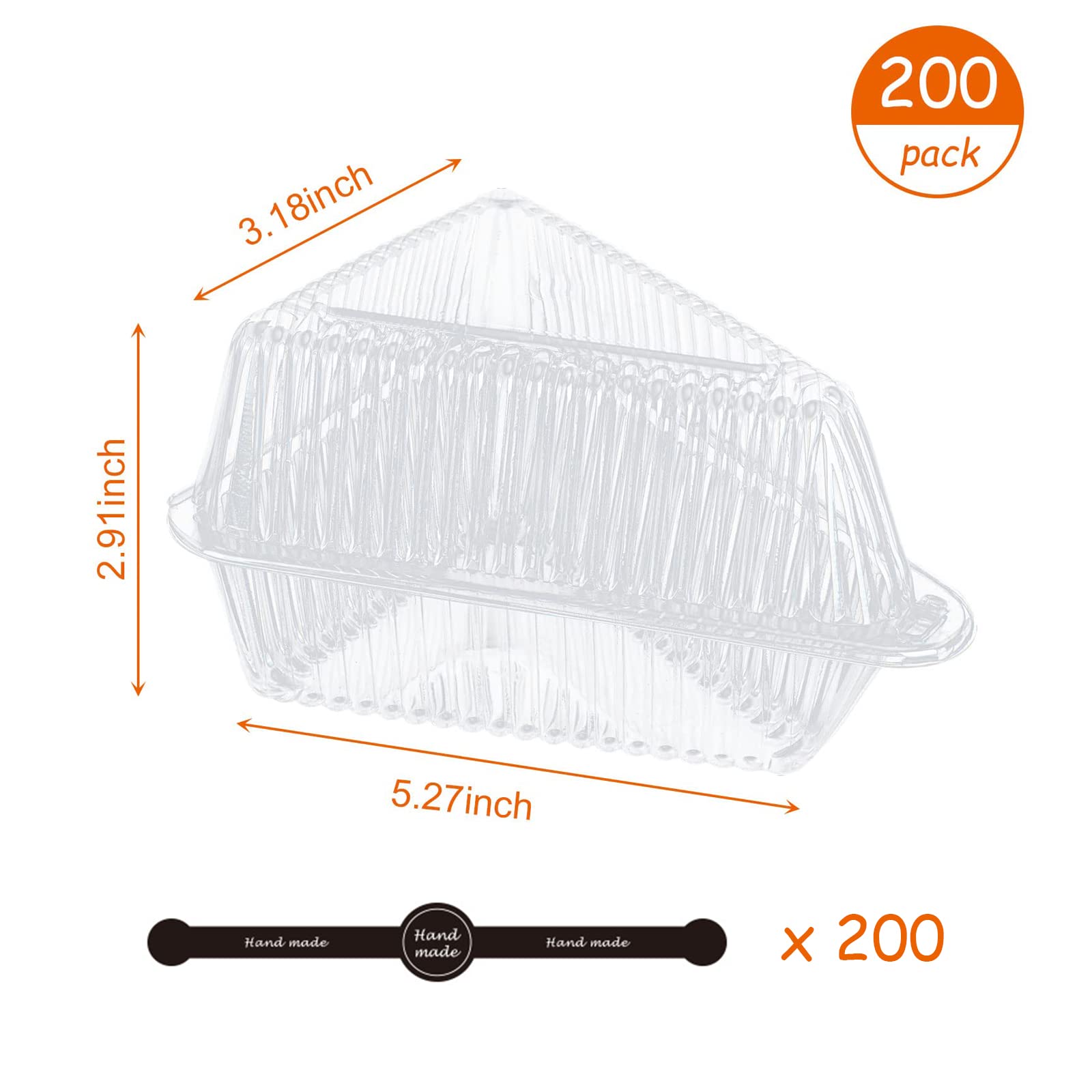 200Pcs Clear Plastic Clamshell Food Containers with Lids & 200Pcs Stickers - Perfect for Cake Slices, Pies, Cheesecakes - Ideal for Home Bakeries, Takeout Packaging, and Food Storage