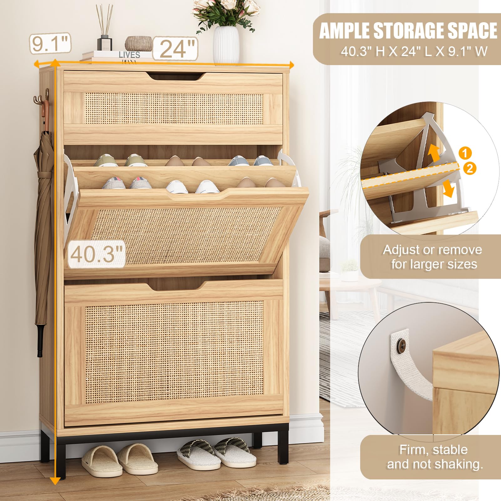 Boho Rattan Shoe Storage Cabinet with 2 Flip Drawers - Narrow Free Standing Wooden Shoe Organizer for Entryway, Hallway & Foyer - Perfect for Small Spaces & Hidden Shoe Storage (Natural Wood)