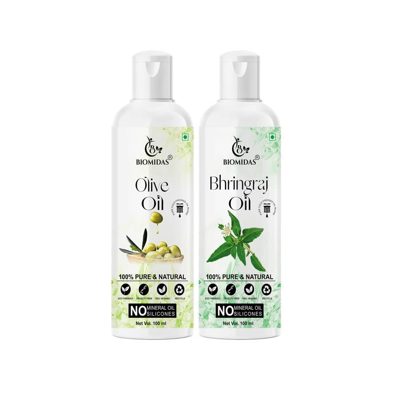 Biomidas 100% Pure Olive Oil & Bhringraj Oil Combo (100ML Each) - Natural Hair Growth Treatment for Anti Hair Fall, Split Ends Repair, Soft & Shiny Hair - Pack of 2 Bottles | Perfect for Daily Hair Care Routine & Scalp Massage