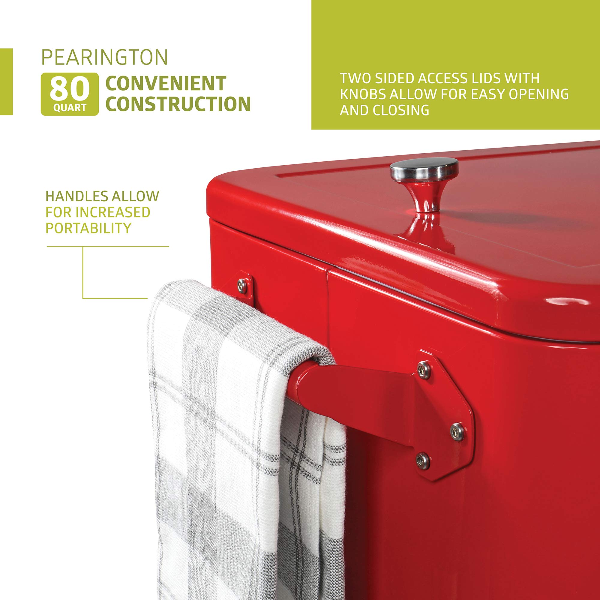 Pearington 80 Quart Rolling Ice Chest Cooler with Shelf & Bottle Opener - Portable Outdoor Party Bar Cart for Drinks, Beverages, Pool Parties, Camping & Tailgating - Red