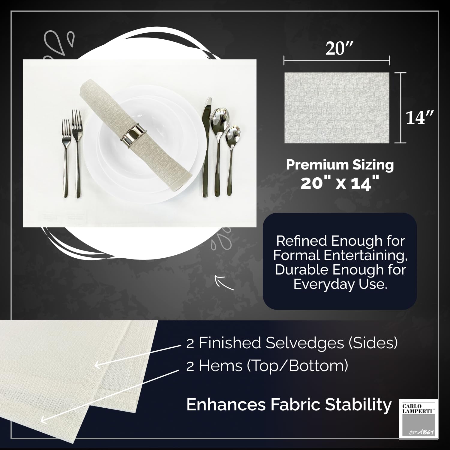 Premium Italian Cotton & Linen Placemats Set of 4 - 20x14 Inch Washable Table Mats for Dining, Kitchen & Entertaining - Carlo Lamperti Minimalist Fabric Place Mats (56% Cotton 44% Linen)
