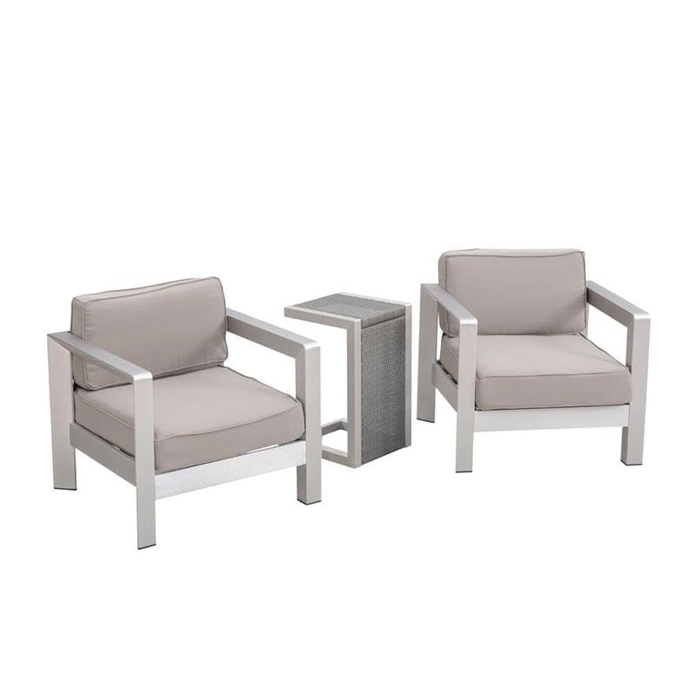 Noble House Aviara Outdoor Aluminum Club Chairs with Side Table in Silver - Patio, Poolside & Garden Lounge Furniture for Relaxing
