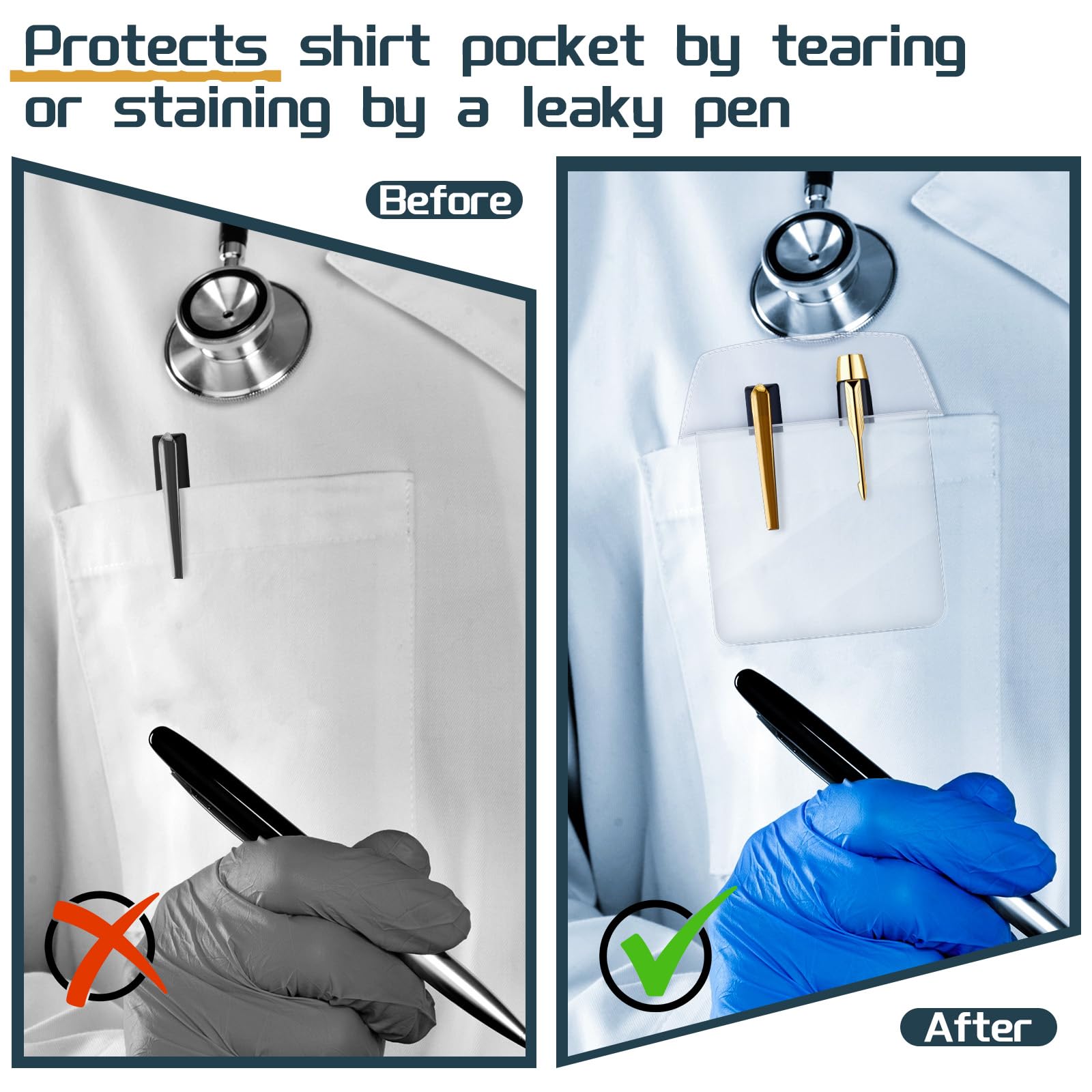 50 Pcs Heavy Duty PVC Pocket Protector - Pen Holder & Organizer Pouch for Shirts, Lab Coats, Pants - Holds Pens, Pointers, Cards & Notes (Clear, Classic) - Perfect for Hospital, Office & School Use
