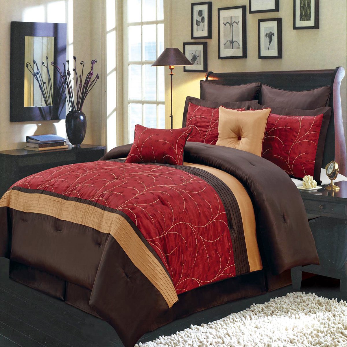 Royal Hotel Luxury 8-Piece Comforter Set - Olympic Queen Size in Atlantis Red, Gold & Chocolate | Includes Comforter, Bed Skirt, Pillow Shams & Decorative Pillows | Perfect for Master Bedroom, Guest Room & Luxury Hotel Decor