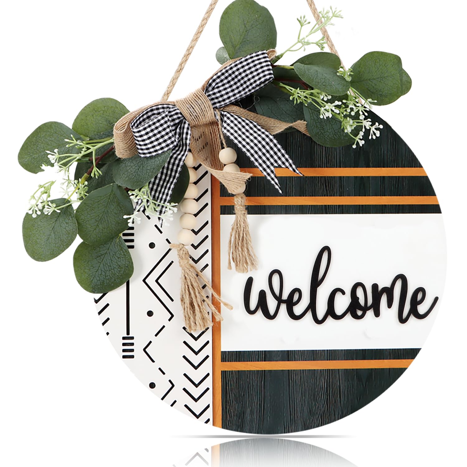 CHDITB Boho 3D Welcome Wreath for Front Door - 11.42 Inch Rustic Farmhouse Porch Decor with Eucalyptus Leaves & Plaid Bow - Round Summer Door Hanger for Outdoor Entryway, Porch, Patio & Home Decor