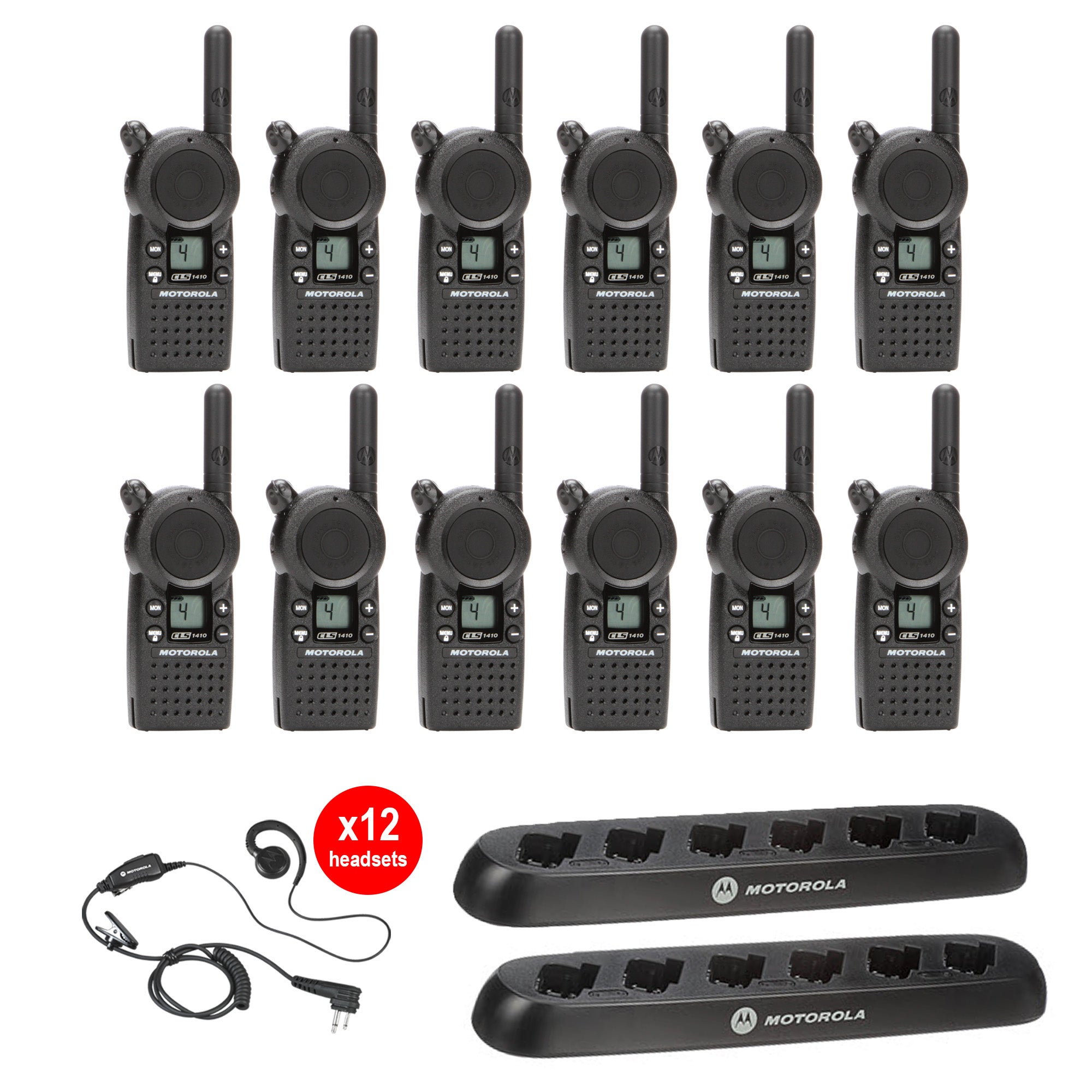 Motorola CLS1410 12-Pack Two-Way Radio Bundle with 2 Multi-Unit Chargers & Headsets - Ideal for Construction, Warehouses, and Event Coordination