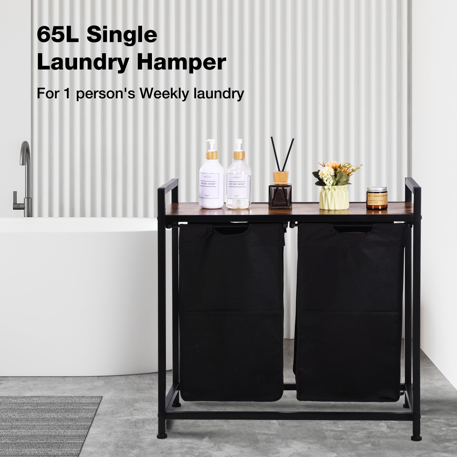 2-Section Laundry Sorter with Shelf & Removable Bags - Brown & Black Clothes Hamper Organizer for Bedroom, Bathroom, or Laundry Room Storage