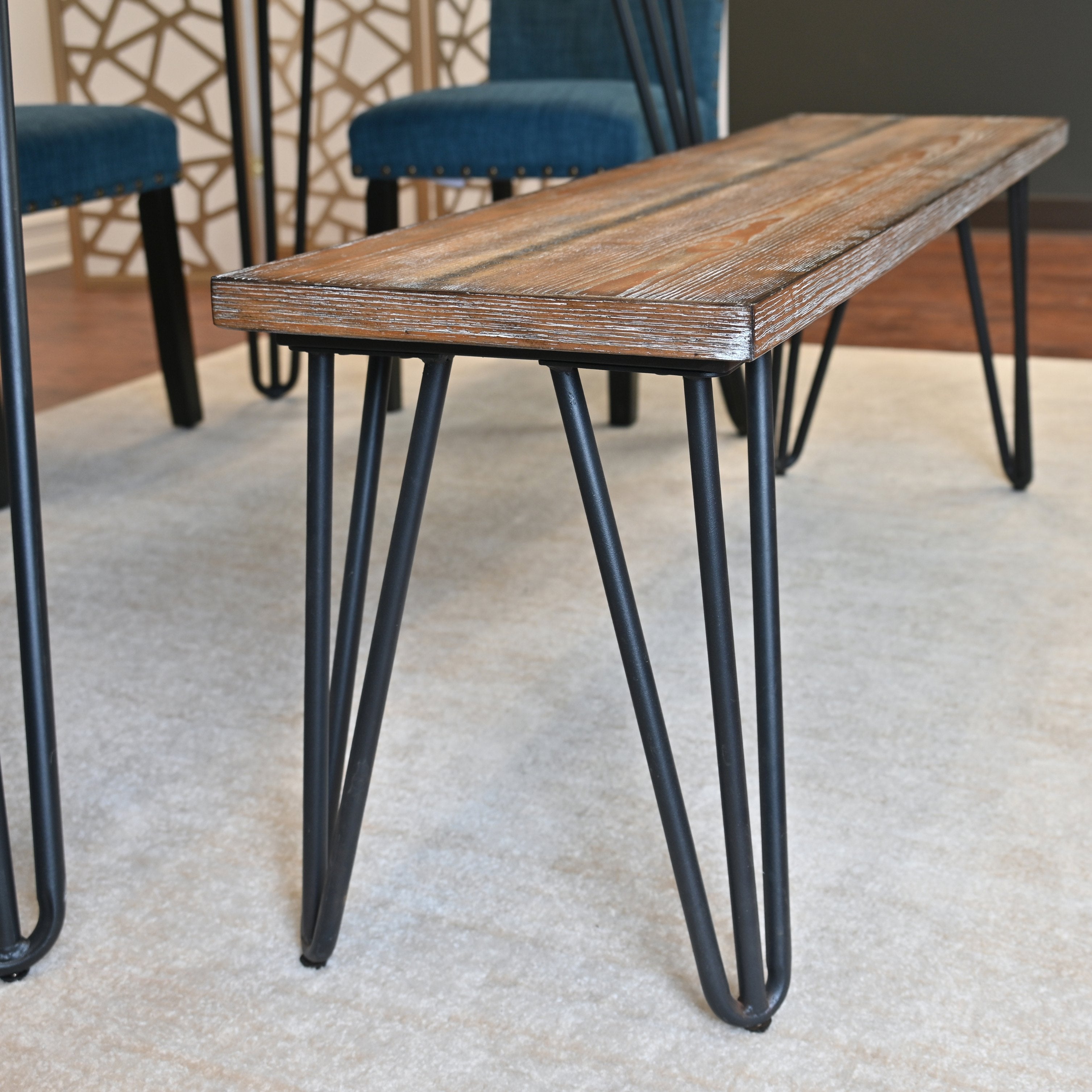 Roundhill Furniture Amisos 6-Piece Dining Set - Hairpin Leg Dining Table with 4 Chairs & Wooden Bench | Modern Kitchen & Dining Room Furniture for Small Spaces