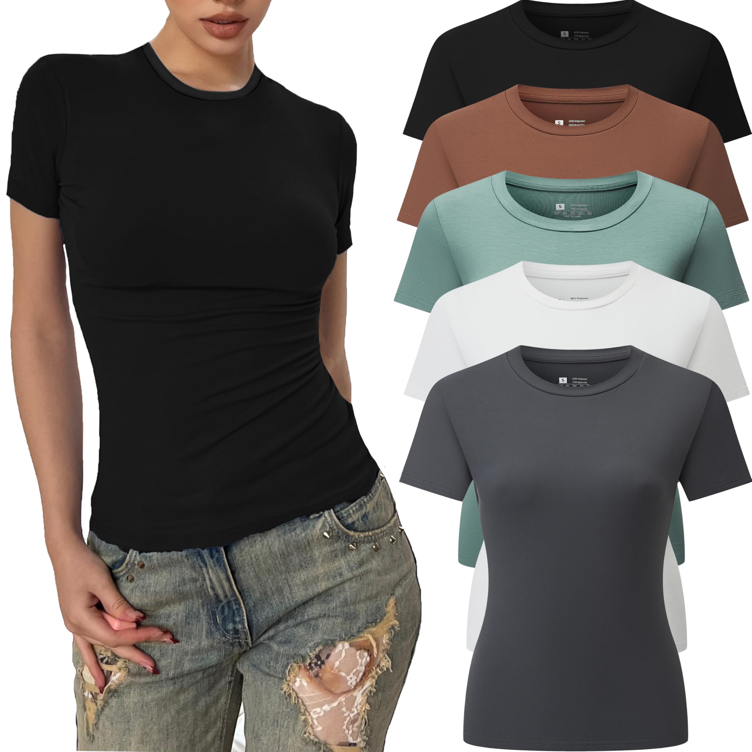 5 Pack Women's Crew Neck Ribbed Fitted T-Shirts - Basic Short Sleeve Summer Bodycon Crop Tops for Casual Wear, Going Out & Everyday Outfits