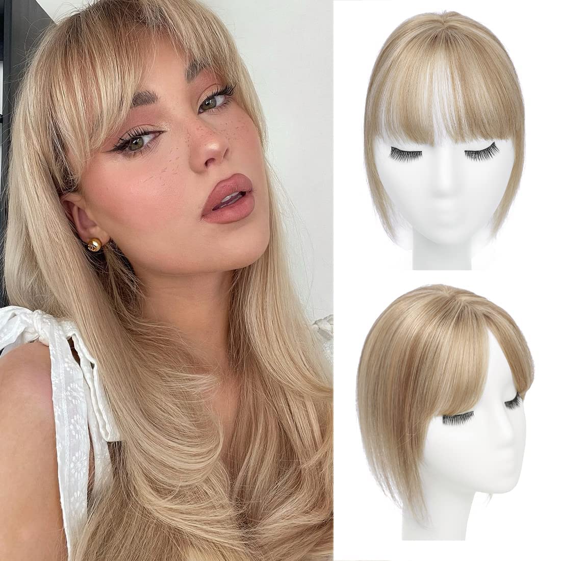 Ash Blonde Clip-In Hair Topper with Bangs for Women - Human Hair Extensions for Thinning Hair - Perfect for Daily Wear, Parties & Special Occasions