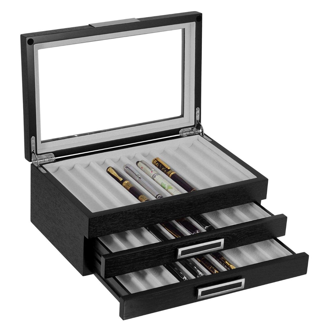 30-Piece Black Ebony Wood Personalized Pen Display Case - Fountain Pen Collector Organizer Box with Glass Window & 3-Tier Drawers - Perfect for Office, Home Desk, and Gift for Pen Enthusiasts
