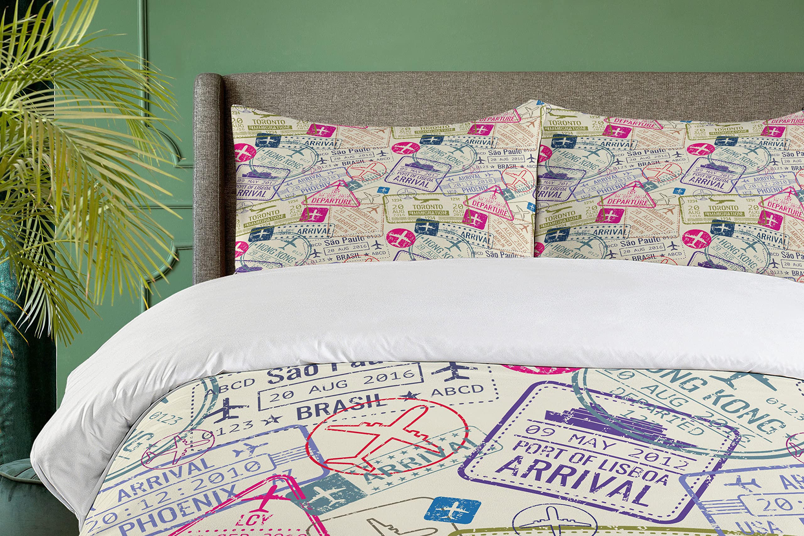 Ambesonne King Size Travel Themed Duvet Cover Set - Passport & Visa Stamp Design with Toronto, Hong Kong, Berlin Prints | 3-Piece Bedding Set Includes 2 Pillow Shams in Eggshell & Pink | Perfect for Wanderlust Bedrooms, Guest Rooms & Travel-Inspired Home Decor