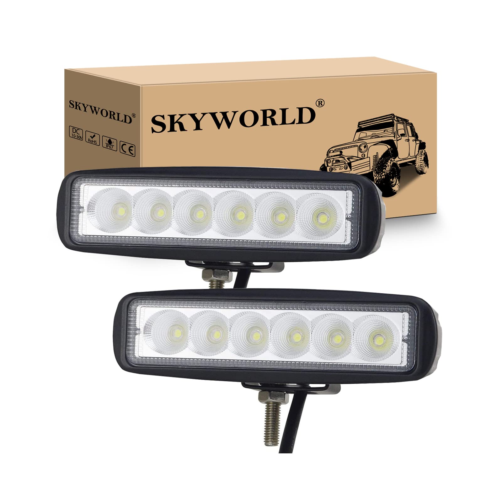 SKYWORLD 2-Pack 6-Inch 18W LED Flood Work Lights - Waterproof Off-Road Fog Lamps for 4WD, SUV, ATV, Truck & Boat (12V/24V) - Perfect for Night Driving, Camping & Marine Use